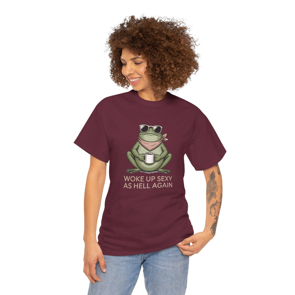 Frog Mug Graphic Tee — "Woke Up Sexy As Hell Again" Cotton T-Shirt