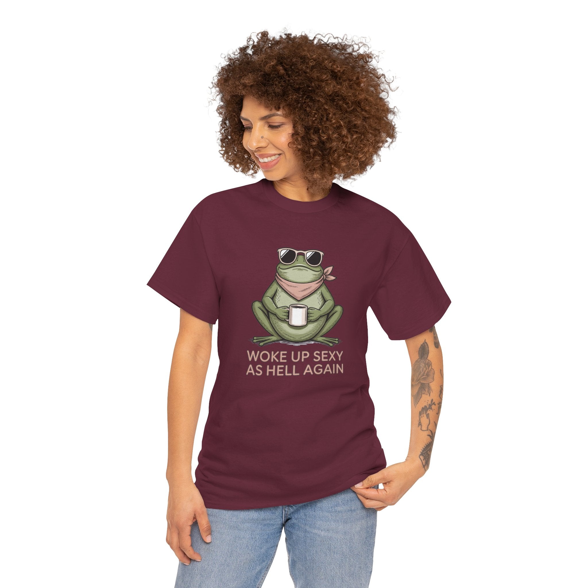 Frog Mug Graphic Tee — "Woke Up Sexy As Hell Again" Cotton T-Shirt