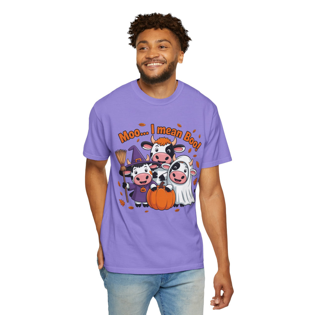 Halloween Cow T-Shirt – “Moo... I mean Boo!” Cute Pumpkin & Witch Cows Graphic Tee