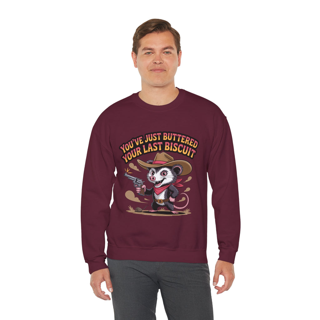 Crewneck Sweatshirt – "You’ve Just Buttered Your Last Biscuit" Cowboy Opossum Graphic