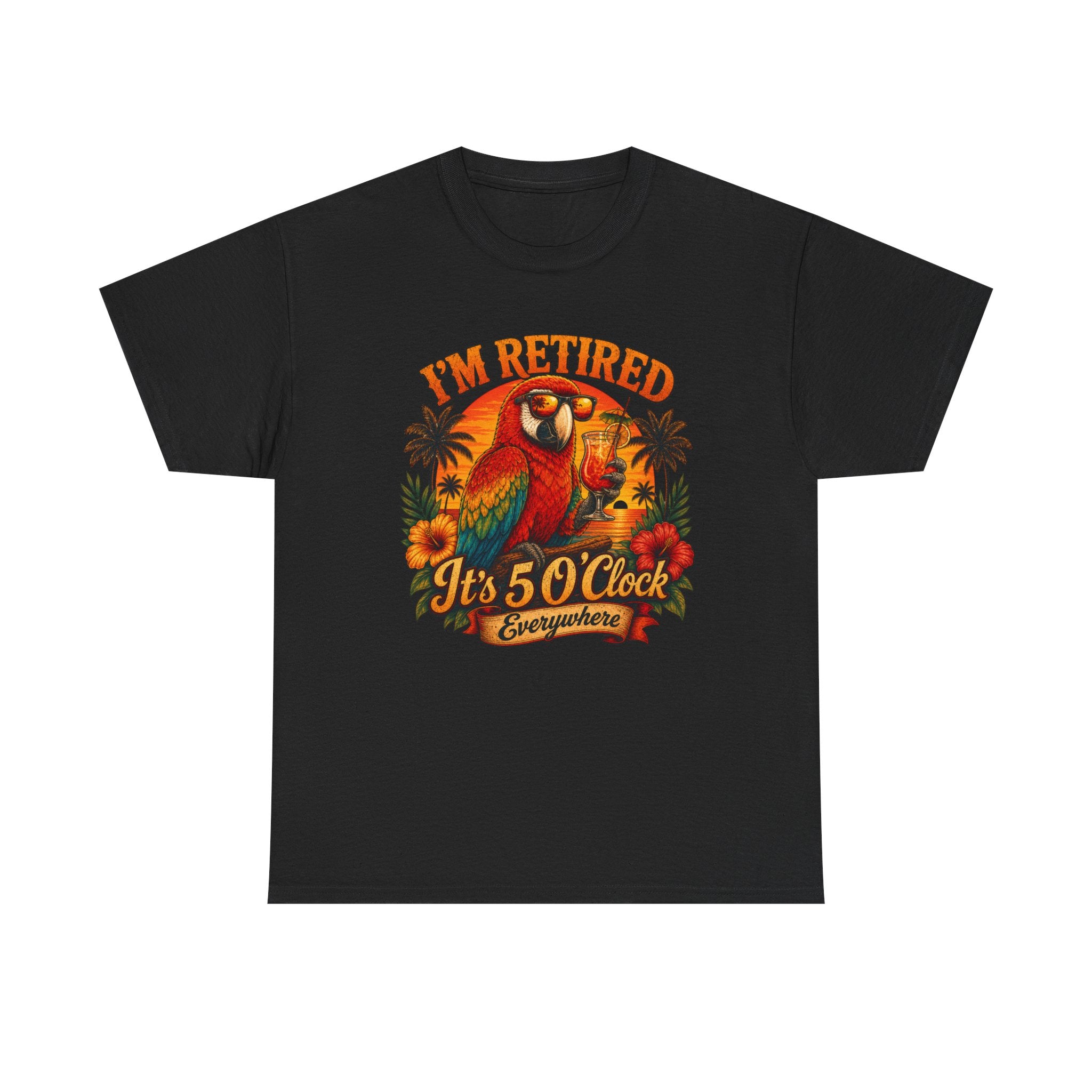 A black short-sleeve crewneck t-shirt with a colorful graphic on the chest featuring a parrot, flowers, and the text 'I'M RETIRED It's 5 O'Clock Everywhere'.