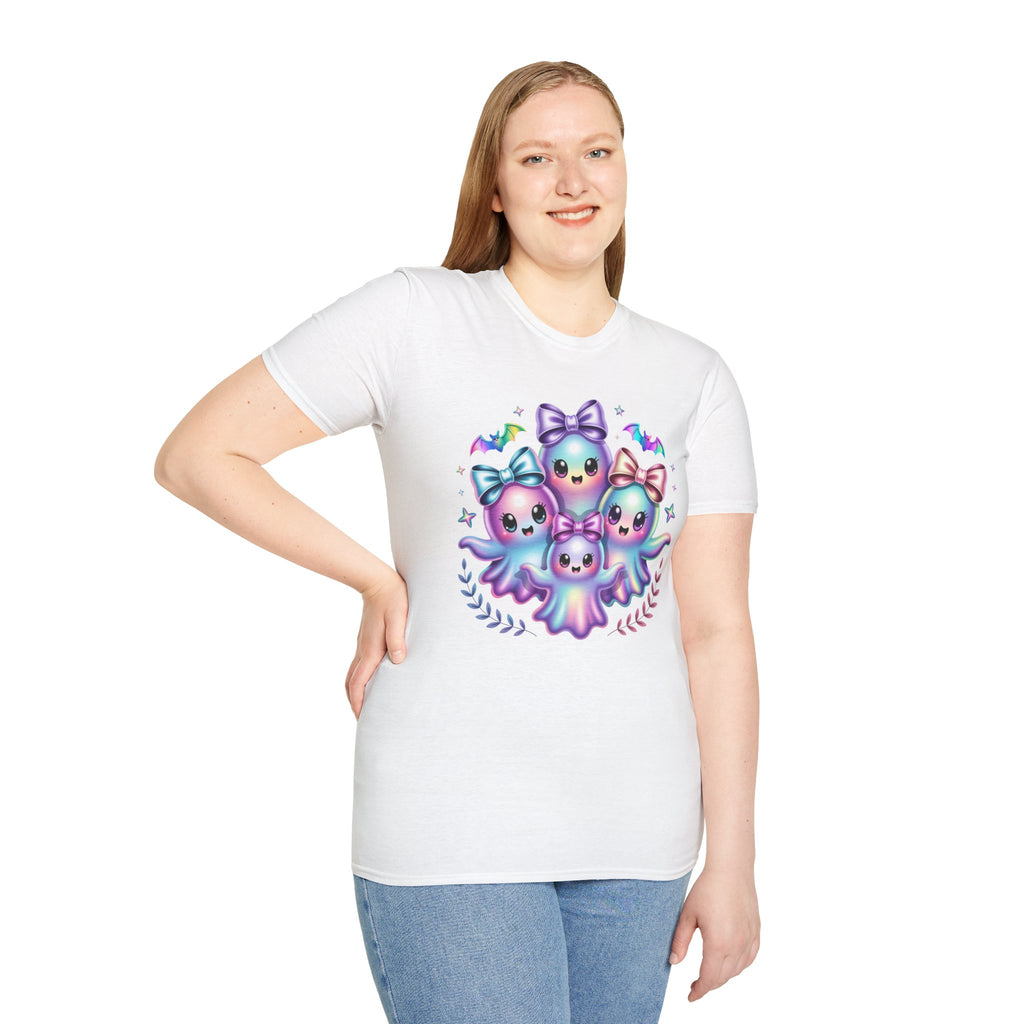Cute Pastel Ghosts T-Shirt — Kawaii Iridescent Ghost Trio with Bows