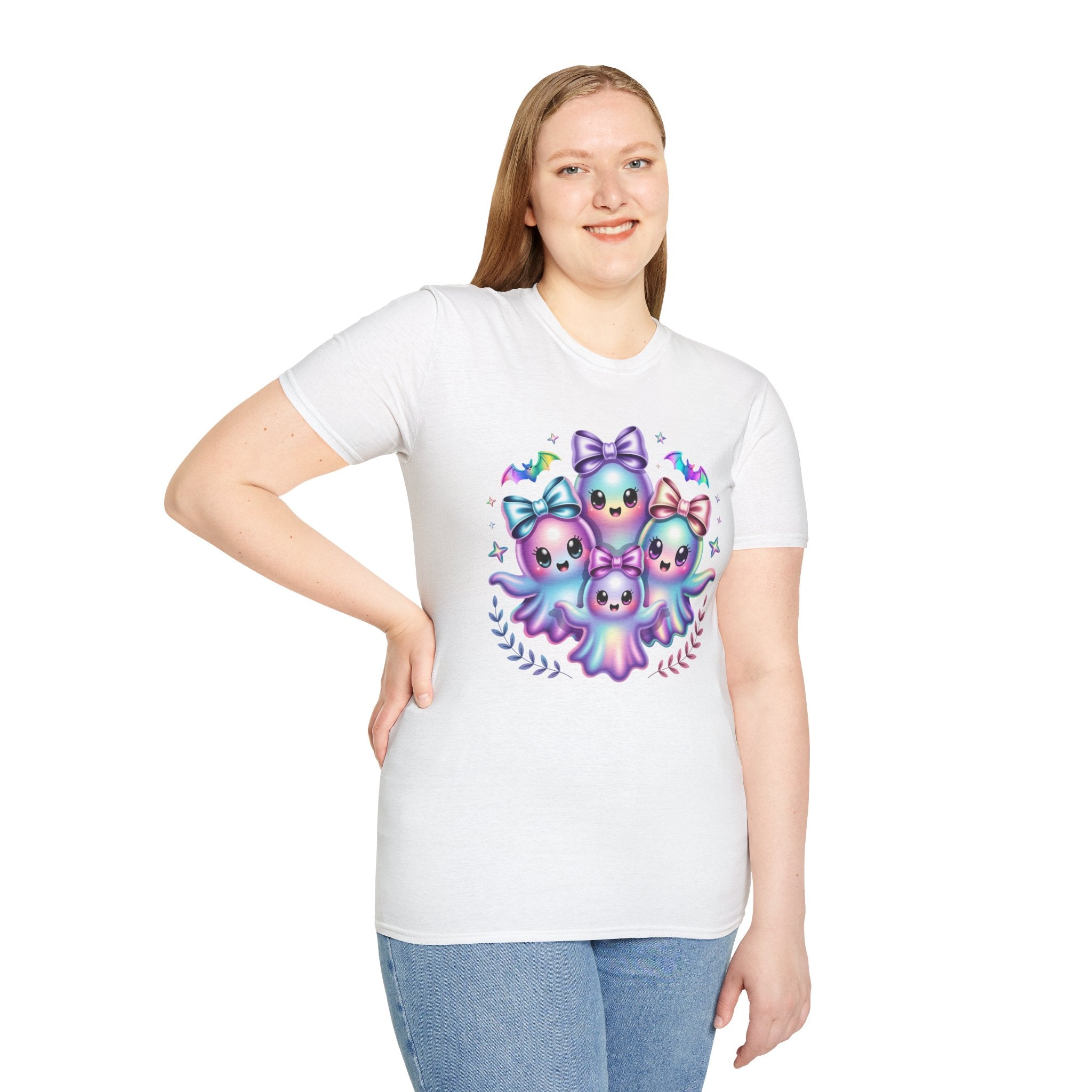 Cute Pastel Ghosts T-Shirt — Kawaii Iridescent Ghost Trio with Bows