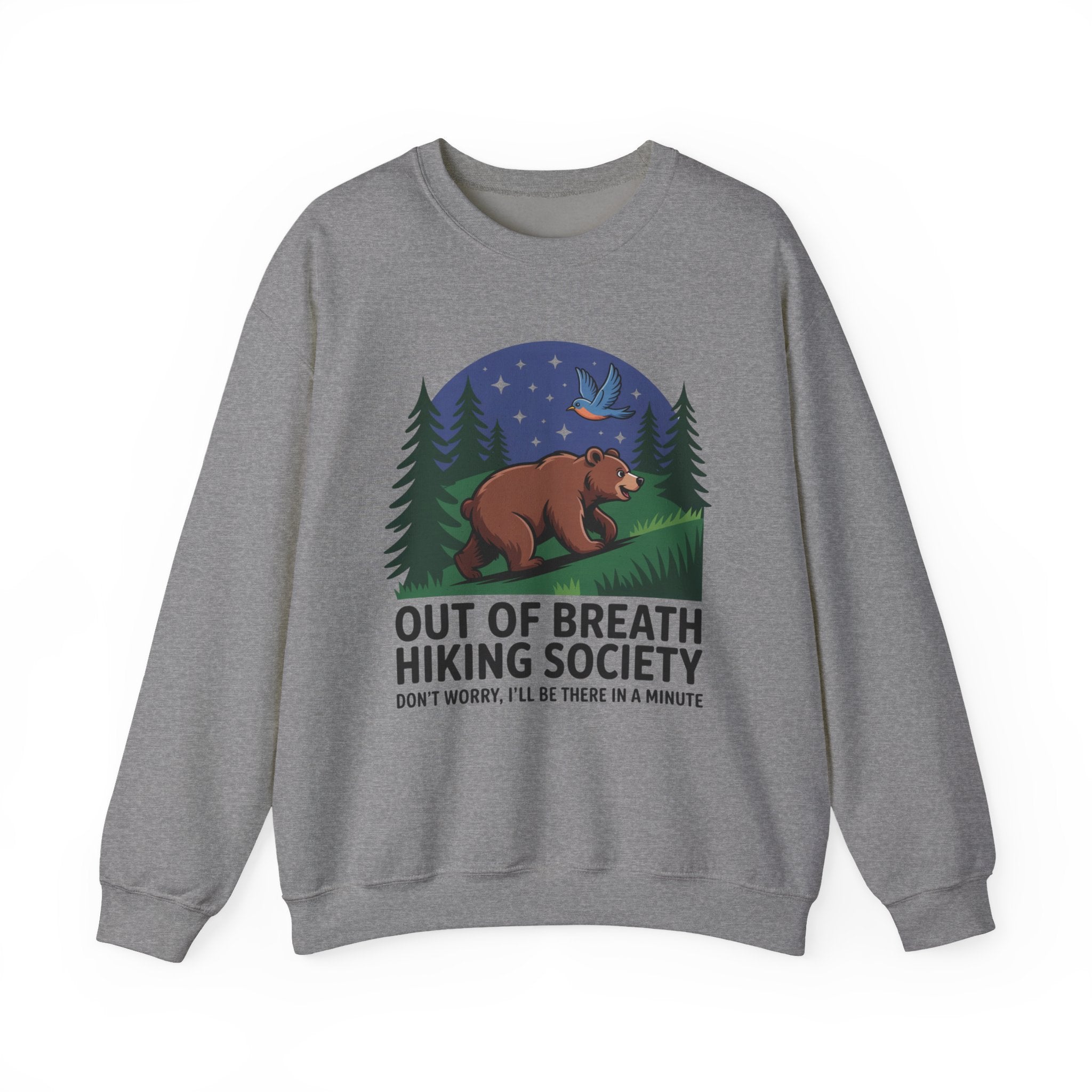 Out of Breath Hiking Society Crewneck Sweatshirt — Funny Bear Camping Graphic