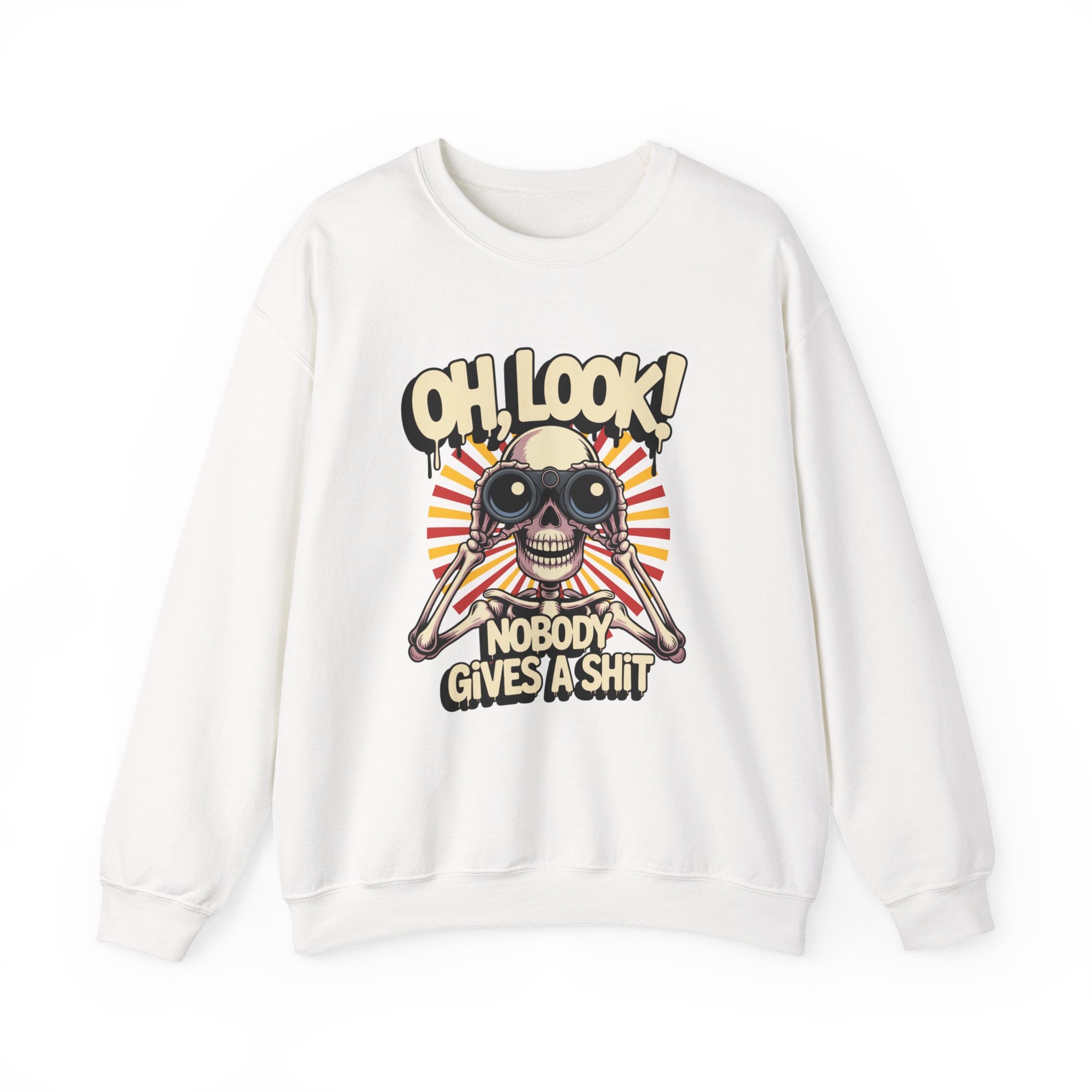 Crewneck Sweatshirt — 'Oh, Look! Nobody Gives a Shit' Skull Binoculars Graphic