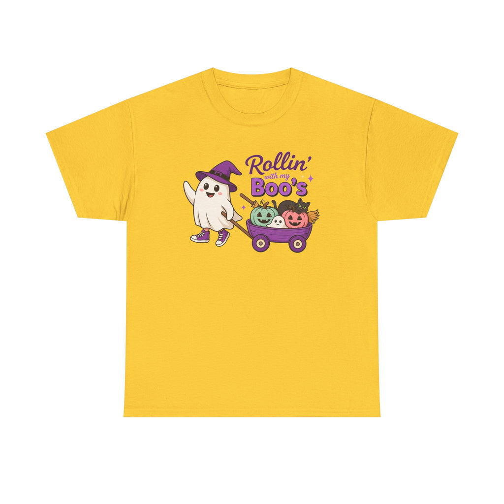 Rollin' Boo's Halloween Tee — Cute Ghost Wagon Pumpkin Kids Shirt
