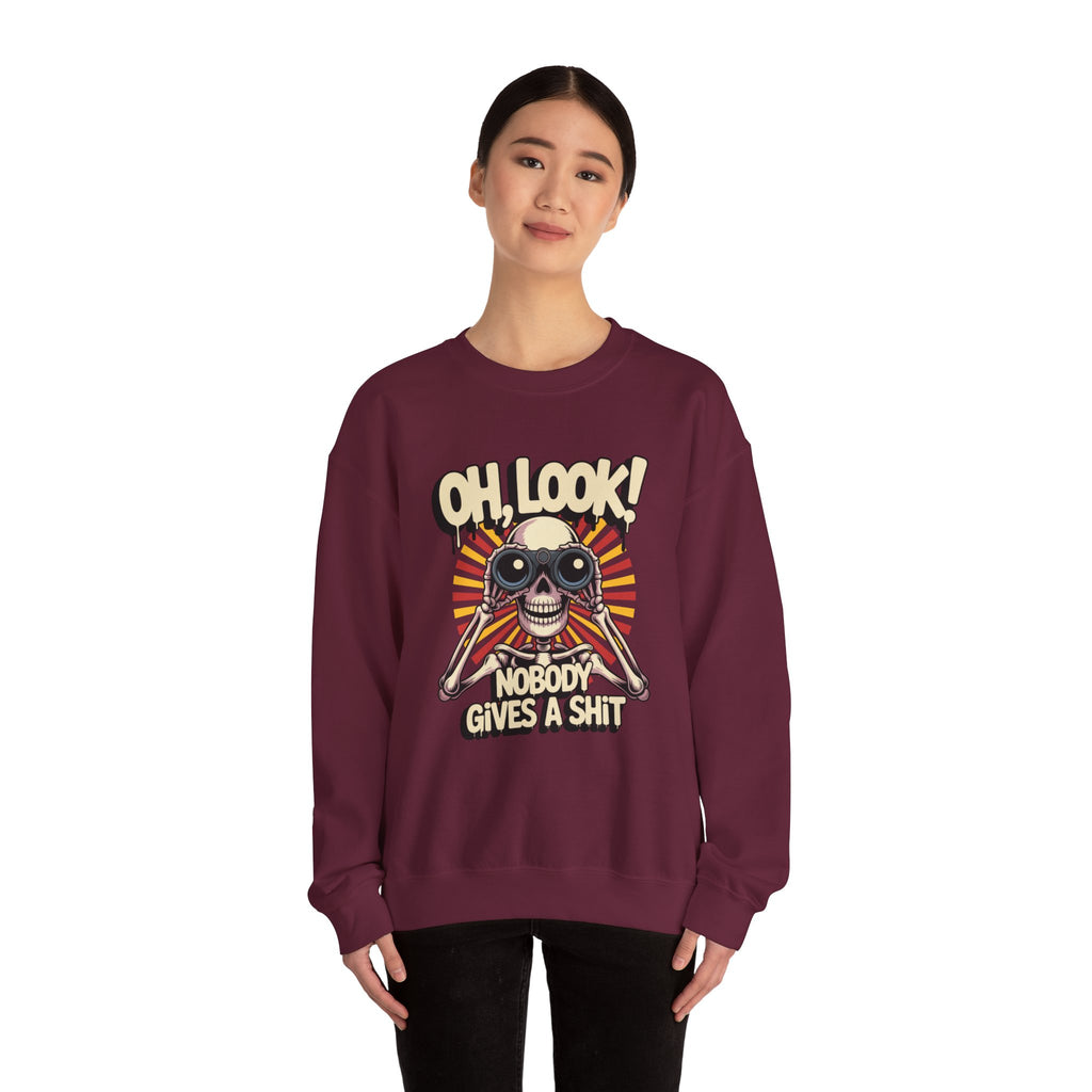 Crewneck Sweatshirt — 'Oh, Look! Nobody Gives a Shit' Skull Binoculars Graphic