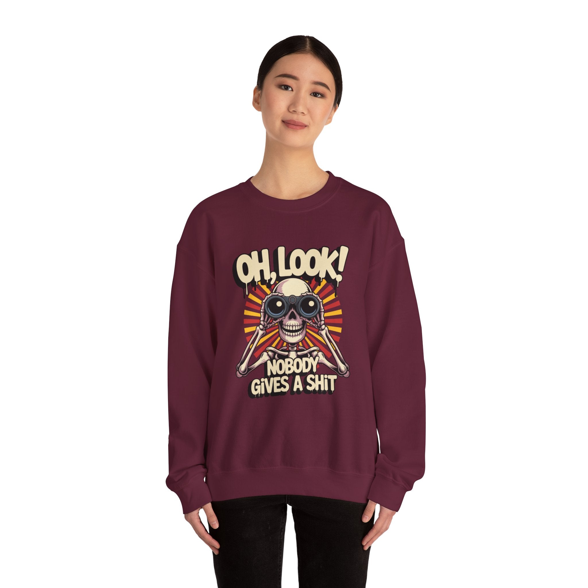 Crewneck Sweatshirt — 'Oh, Look! Nobody Gives a Shit' Skull Binoculars Graphic