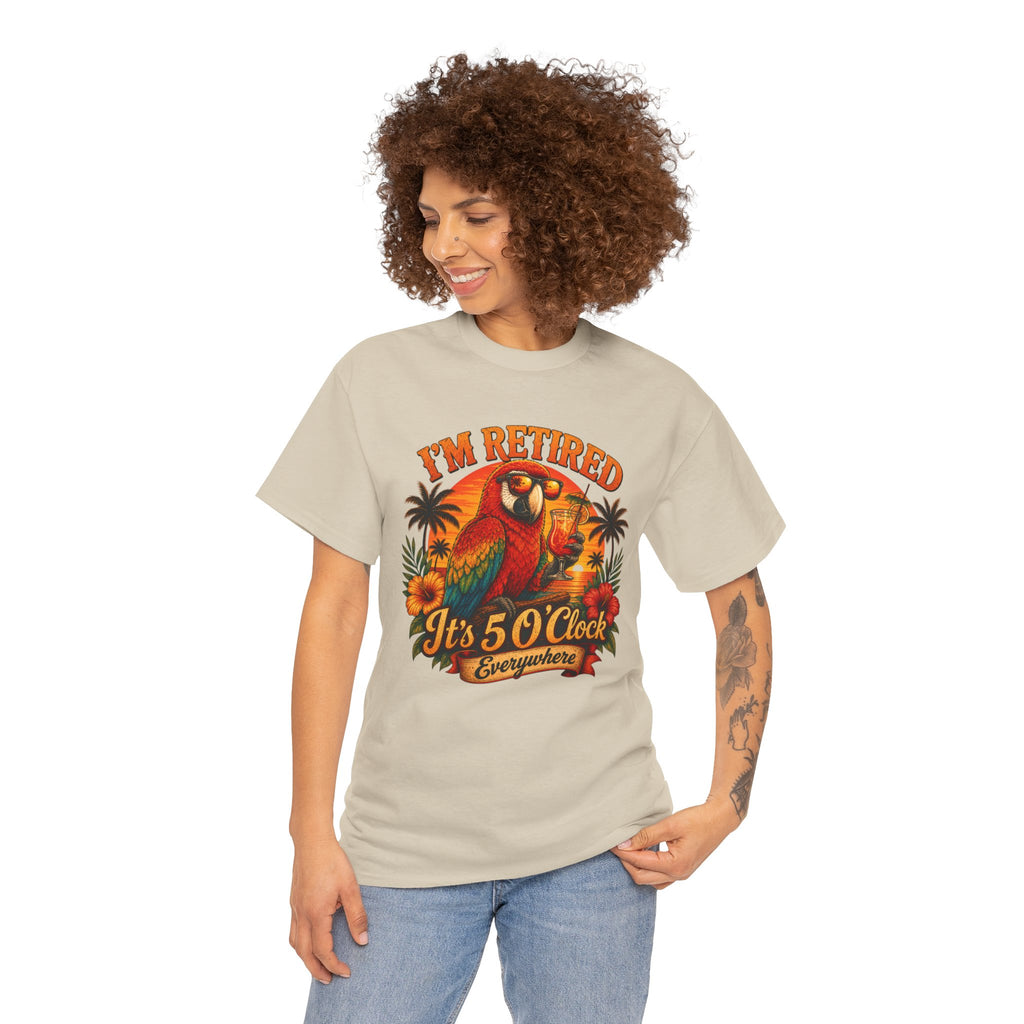 Funny Retirement T-Shirt — It's 5 O'Clock Everywhere Parrot Gift Tee for Retirees