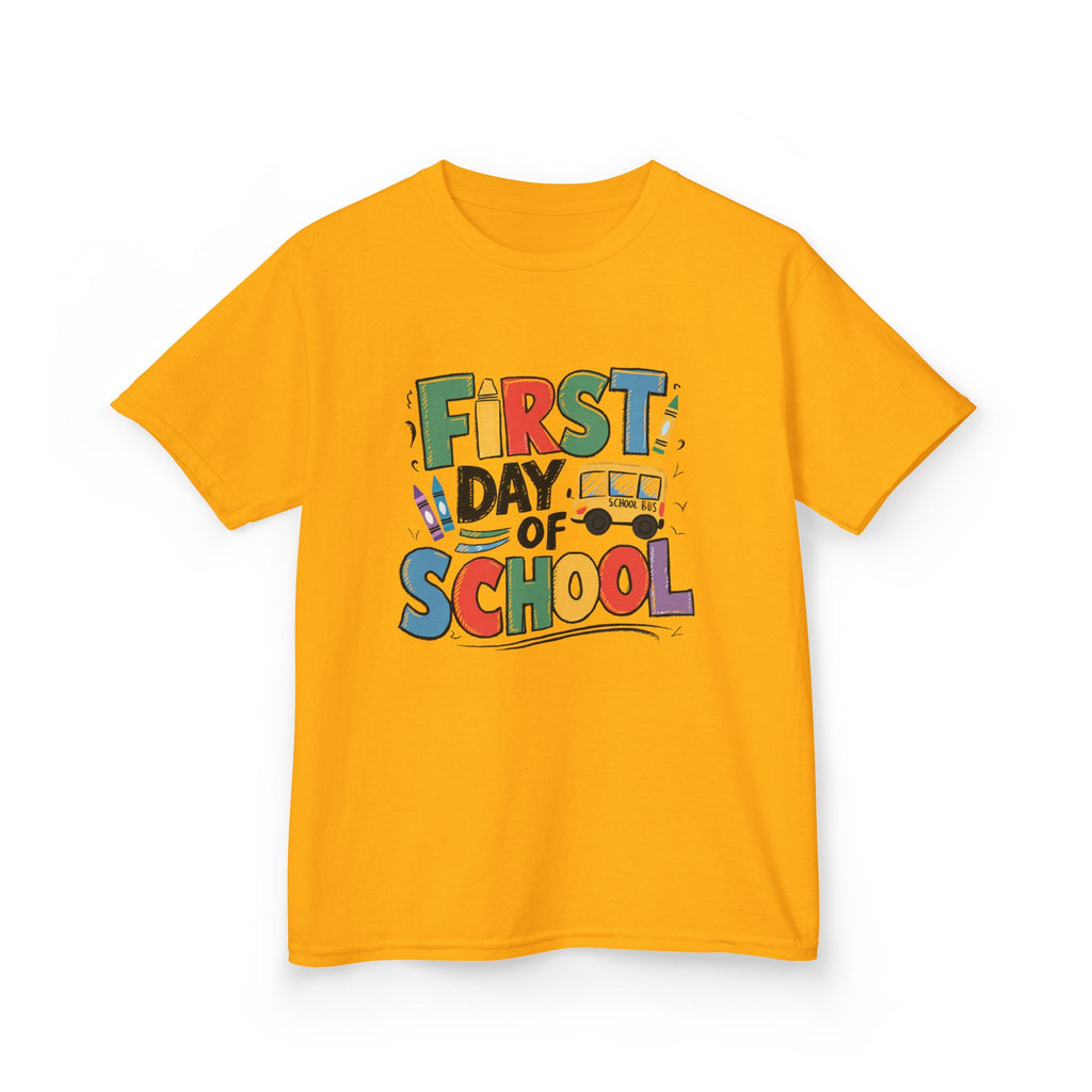 First Day of School Kids T-Shirt — Colorful Back-to-School Tee with School Bus Design