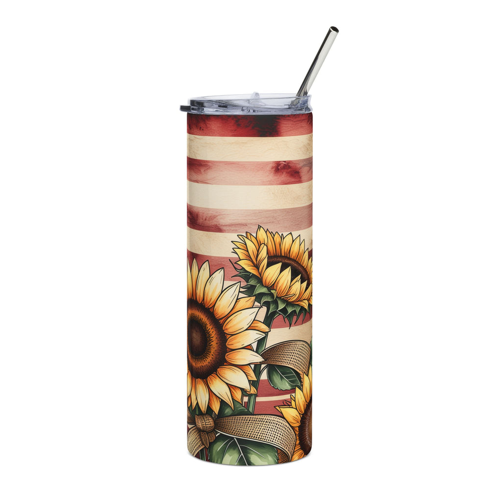 Patriotic Sunflower American Flag 20oz Stainless Steel Tumbler — Insulated Gift Travel Cup for Women