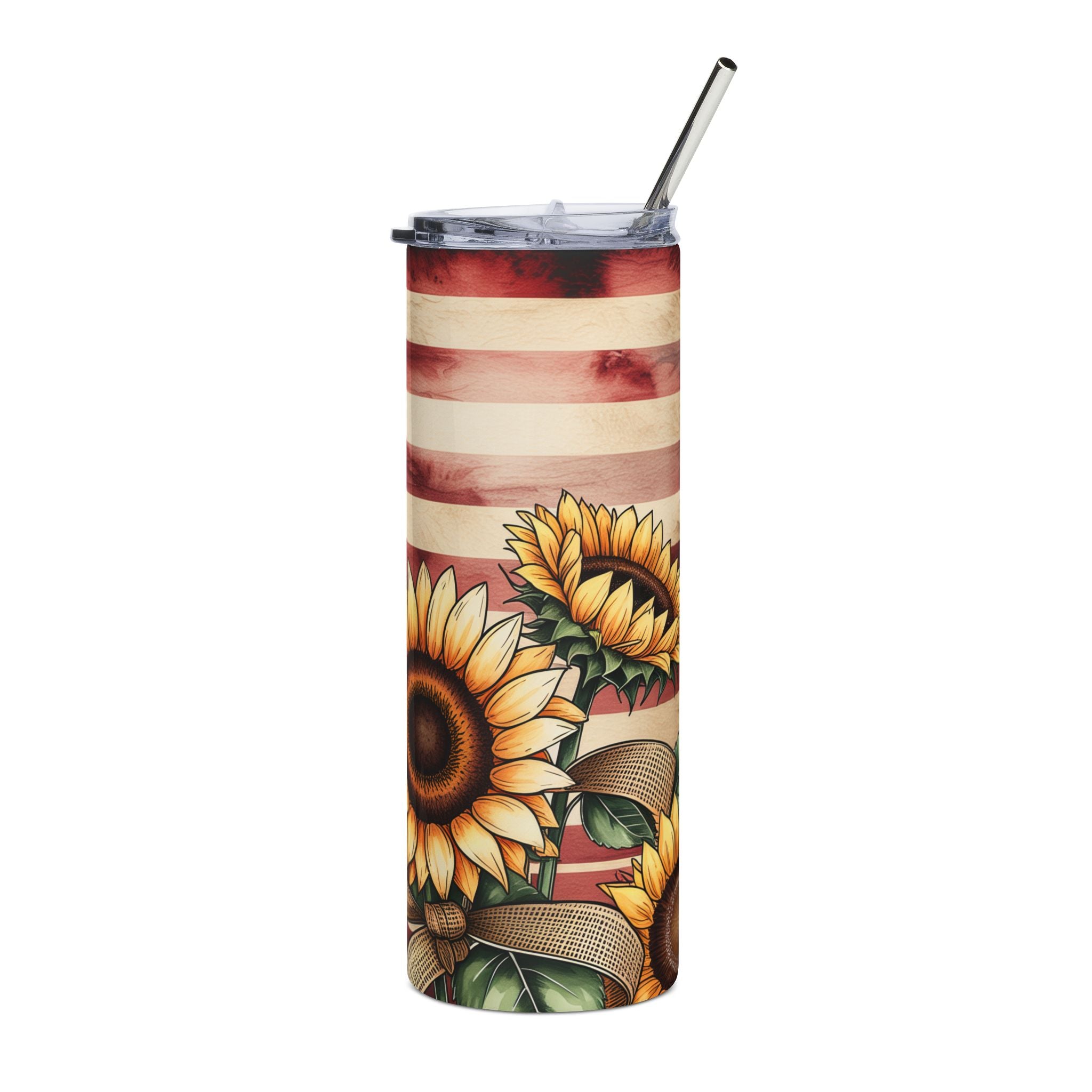 Patriotic Sunflower American Flag 20oz Stainless Steel Tumbler — Insulated Gift Travel Cup for Women