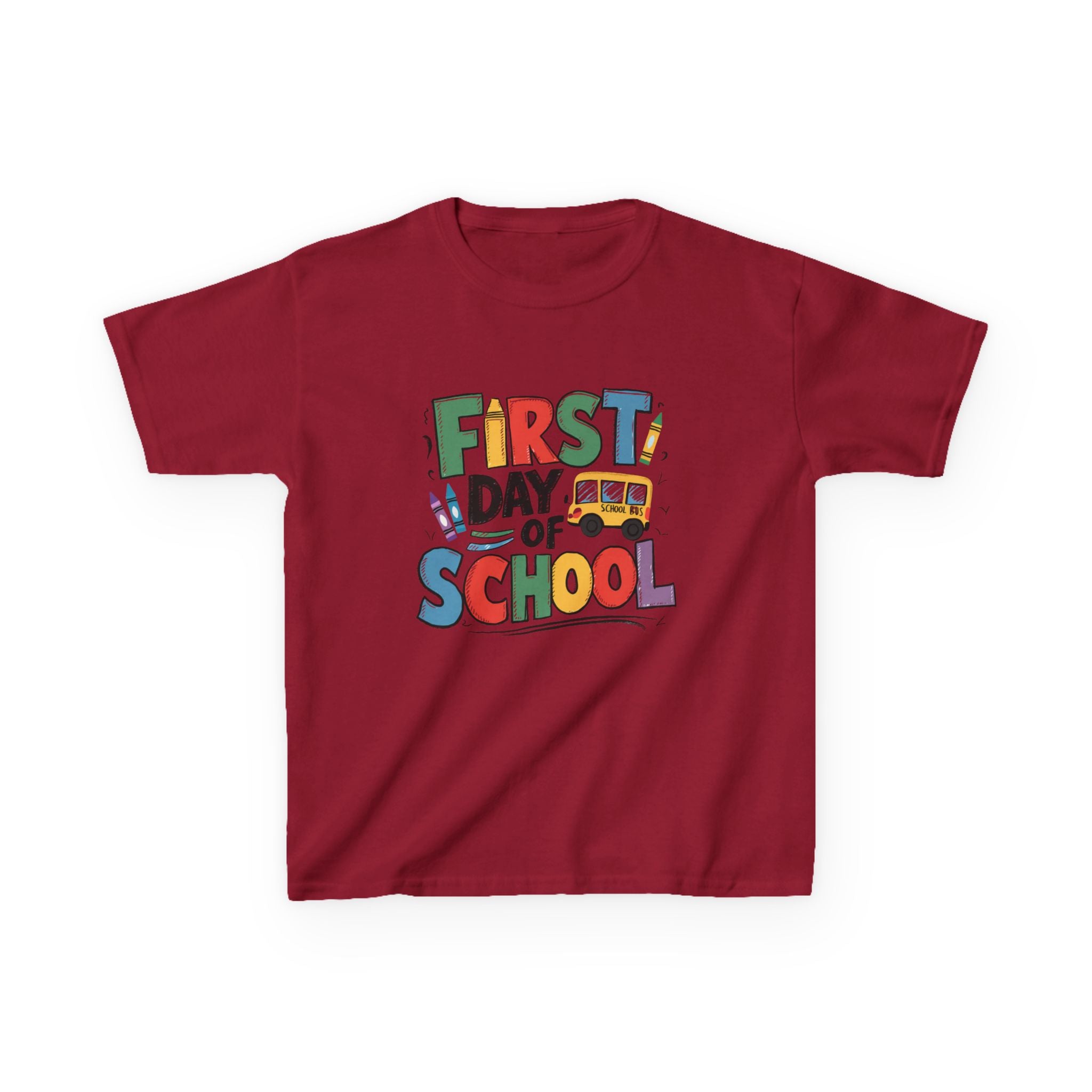 First Day of School Kids T-Shirt — Colorful Back-to-School Tee with School Bus Design