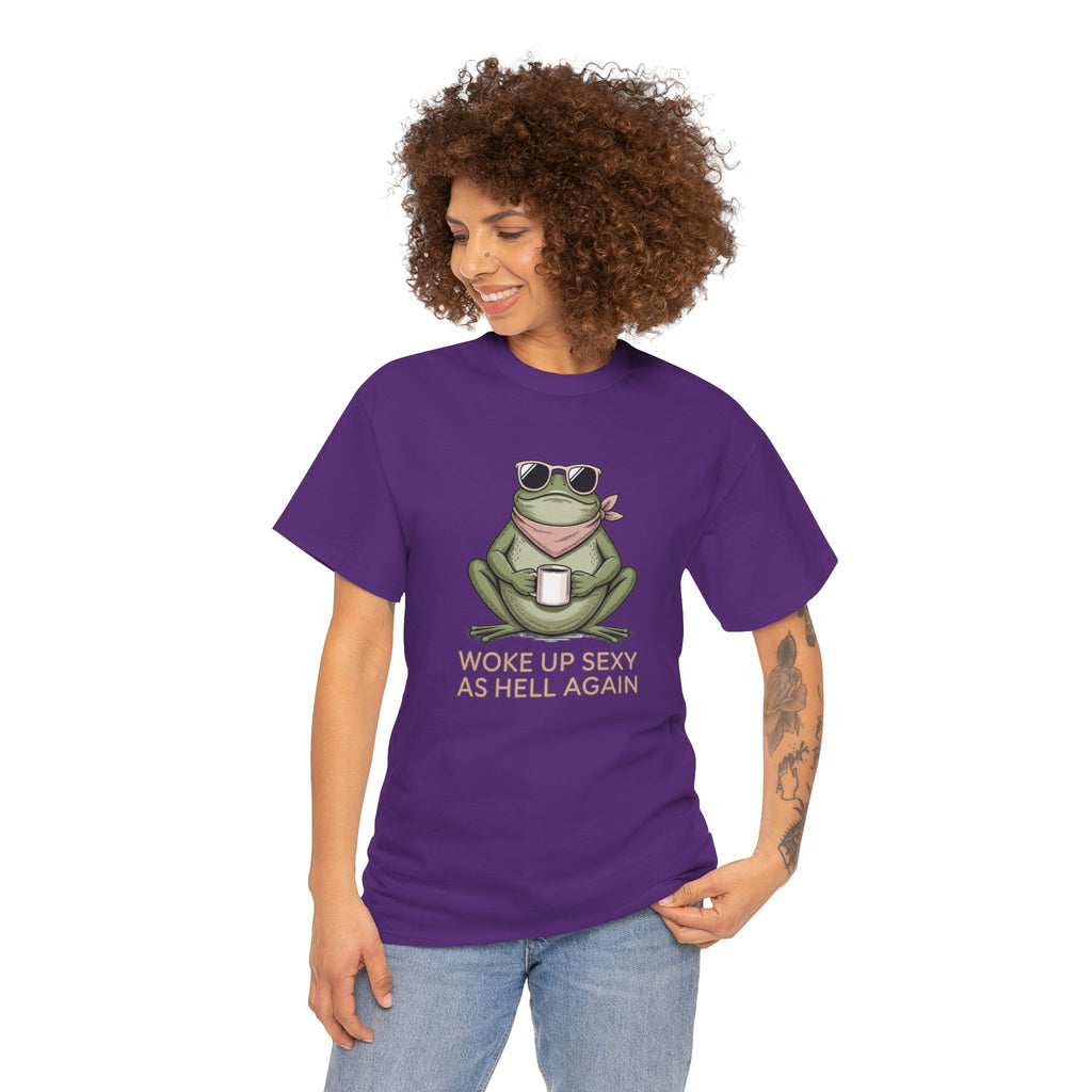 Frog Mug Graphic Tee — "Woke Up Sexy As Hell Again" Cotton T-Shirt