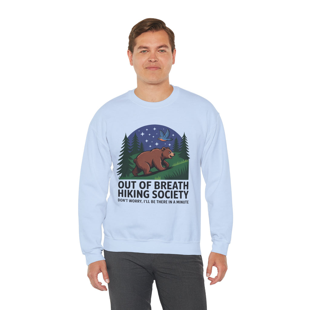 Out of Breath Hiking Society Crewneck Sweatshirt — Funny Bear Camping Graphic