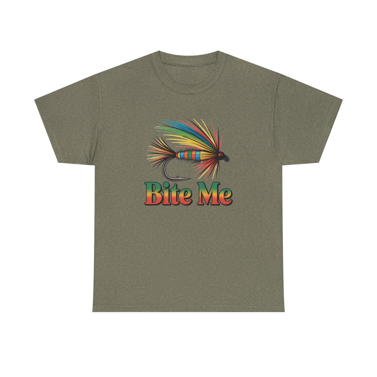Fishing T-Shirt — Colorful Fly Design with "Bite Me" Text