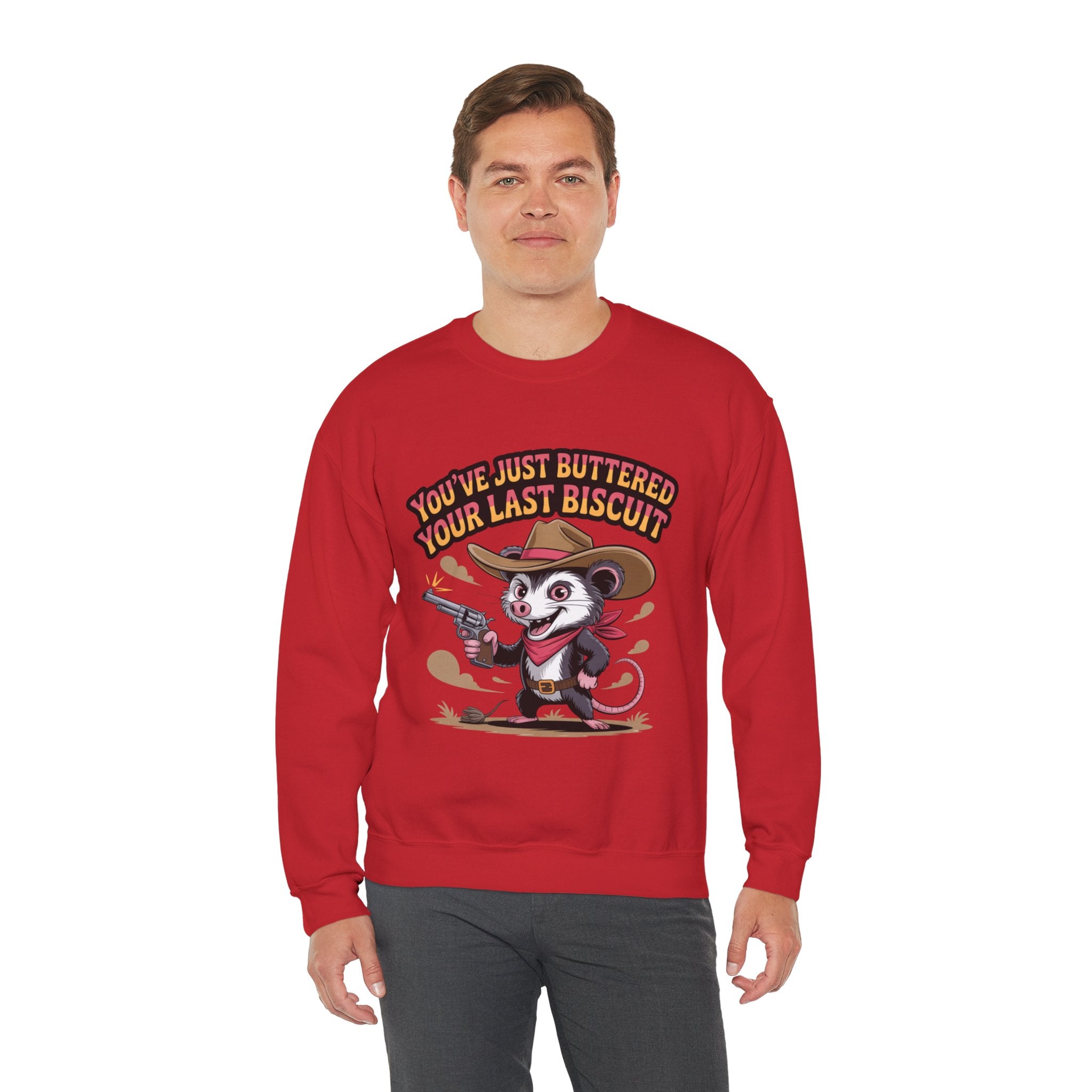 Crewneck Sweatshirt – "You’ve Just Buttered Your Last Biscuit" Cowboy Opossum Graphic