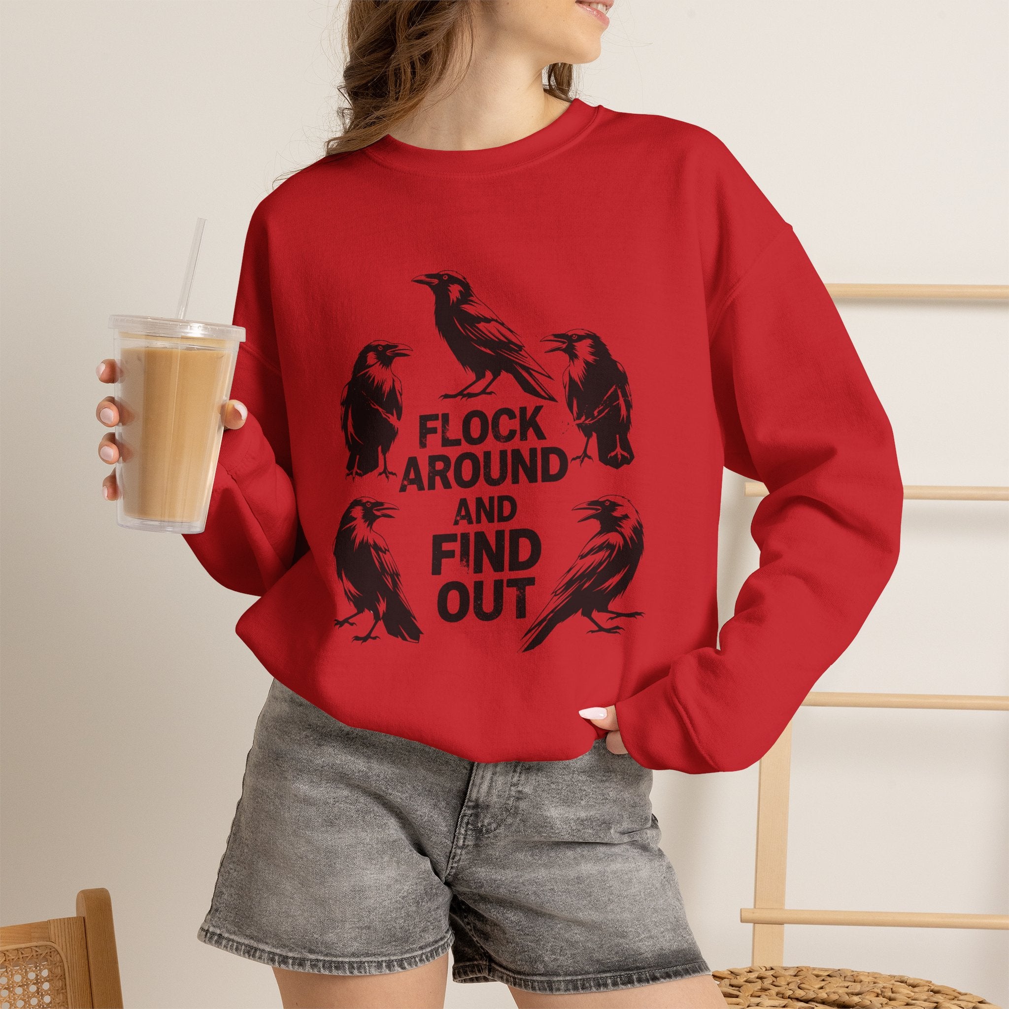 Funny Crow Crewneck Sweatshirt — Flock Around and Find Out Dark Humor Gift Pullover for Women