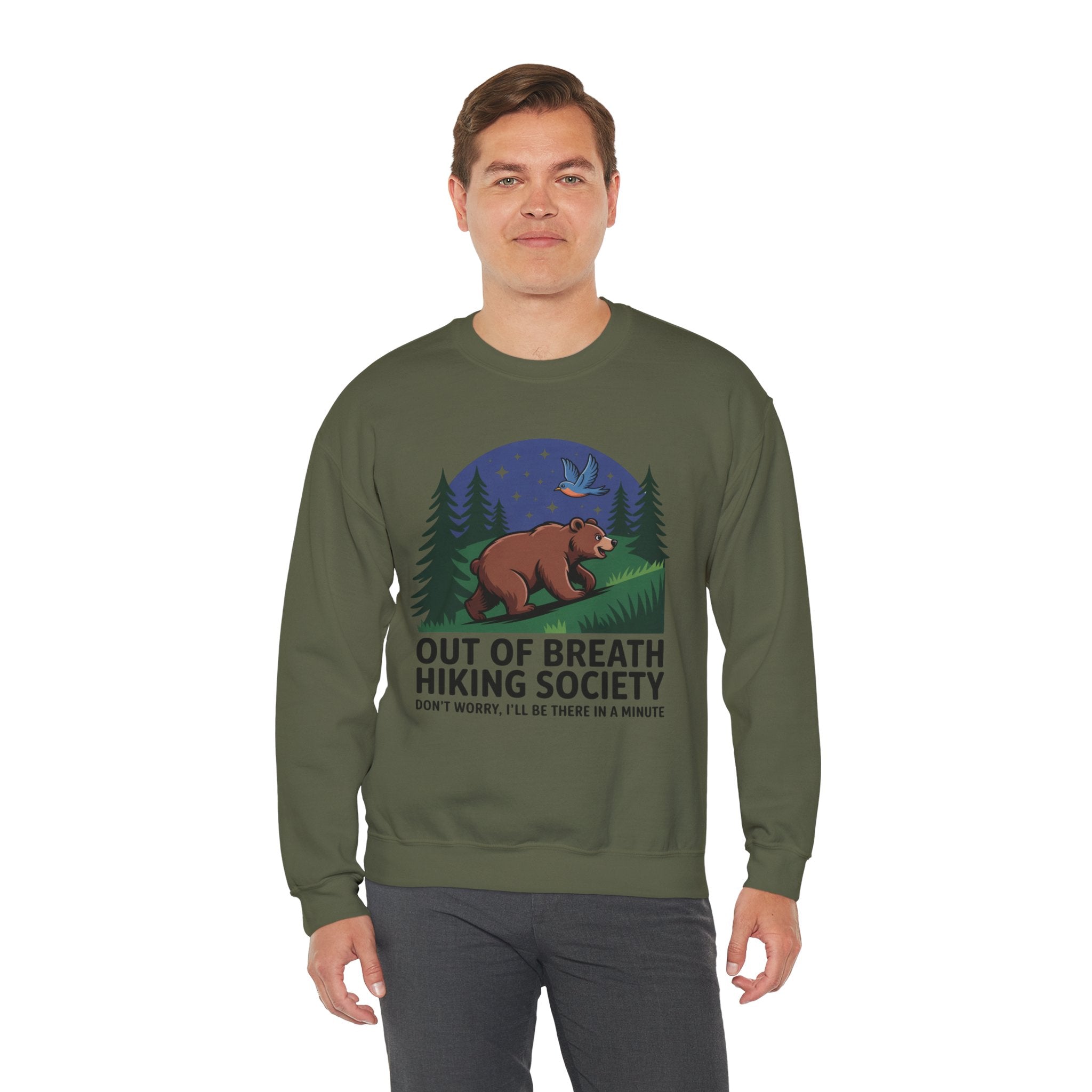 Out of Breath Hiking Society Crewneck Sweatshirt — Funny Bear Camping Graphic