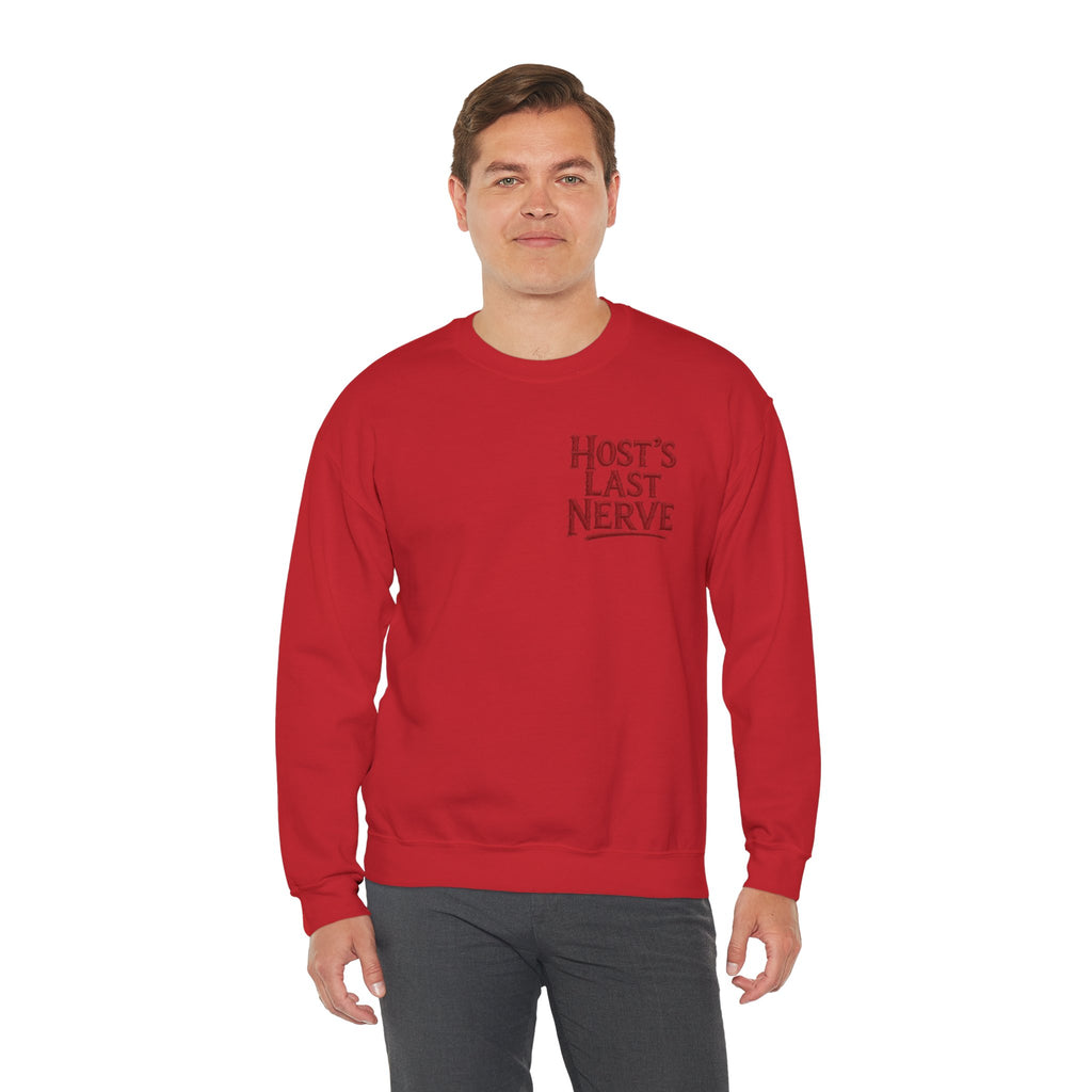 Funny Thanksgiving Host Crewneck Sweatshirt — Host's Last Nerve Merlot Spill Turkey Humor Gift Pullover
