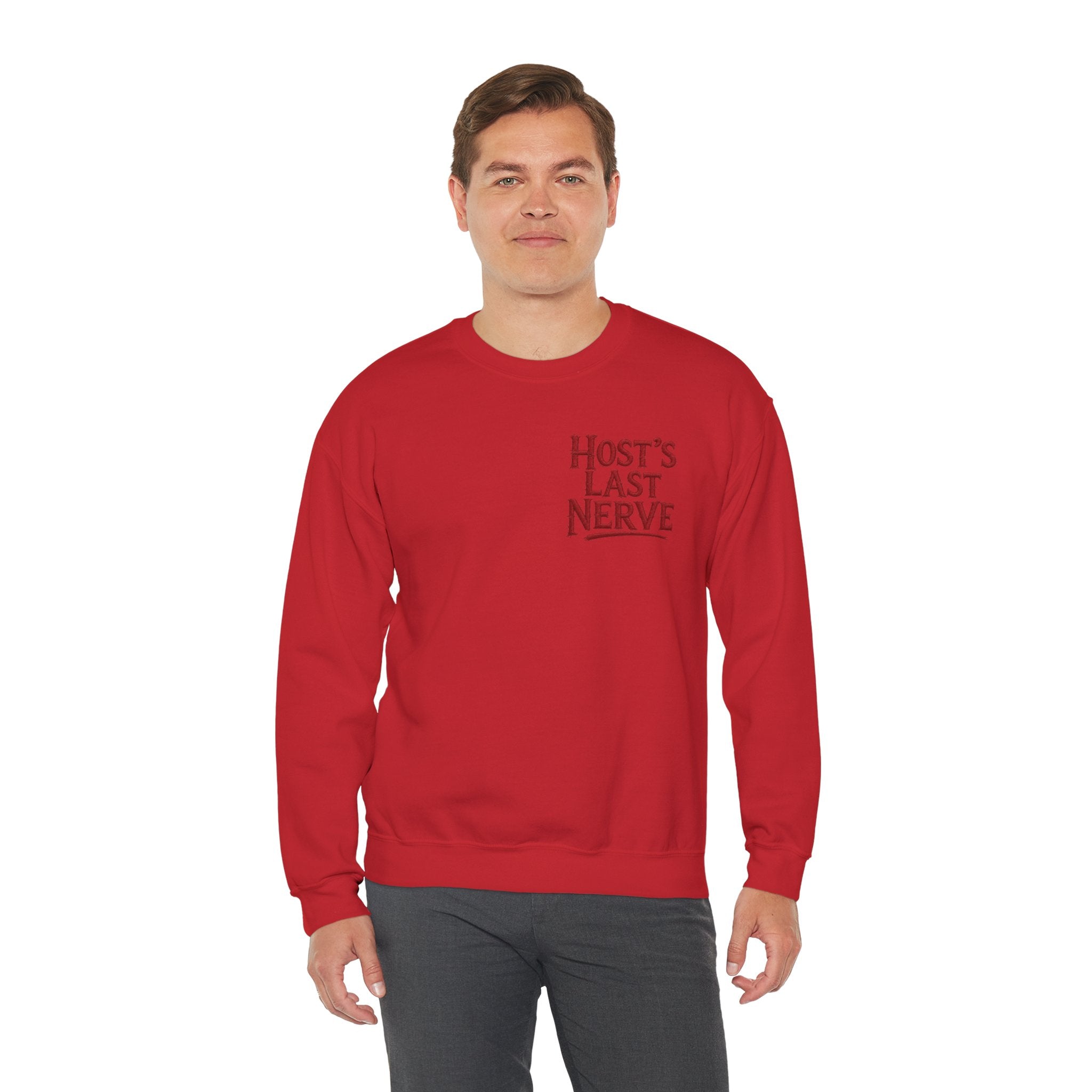 Funny Thanksgiving Host Crewneck Sweatshirt — Host's Last Nerve Merlot Spill Turkey Humor Gift Pullover