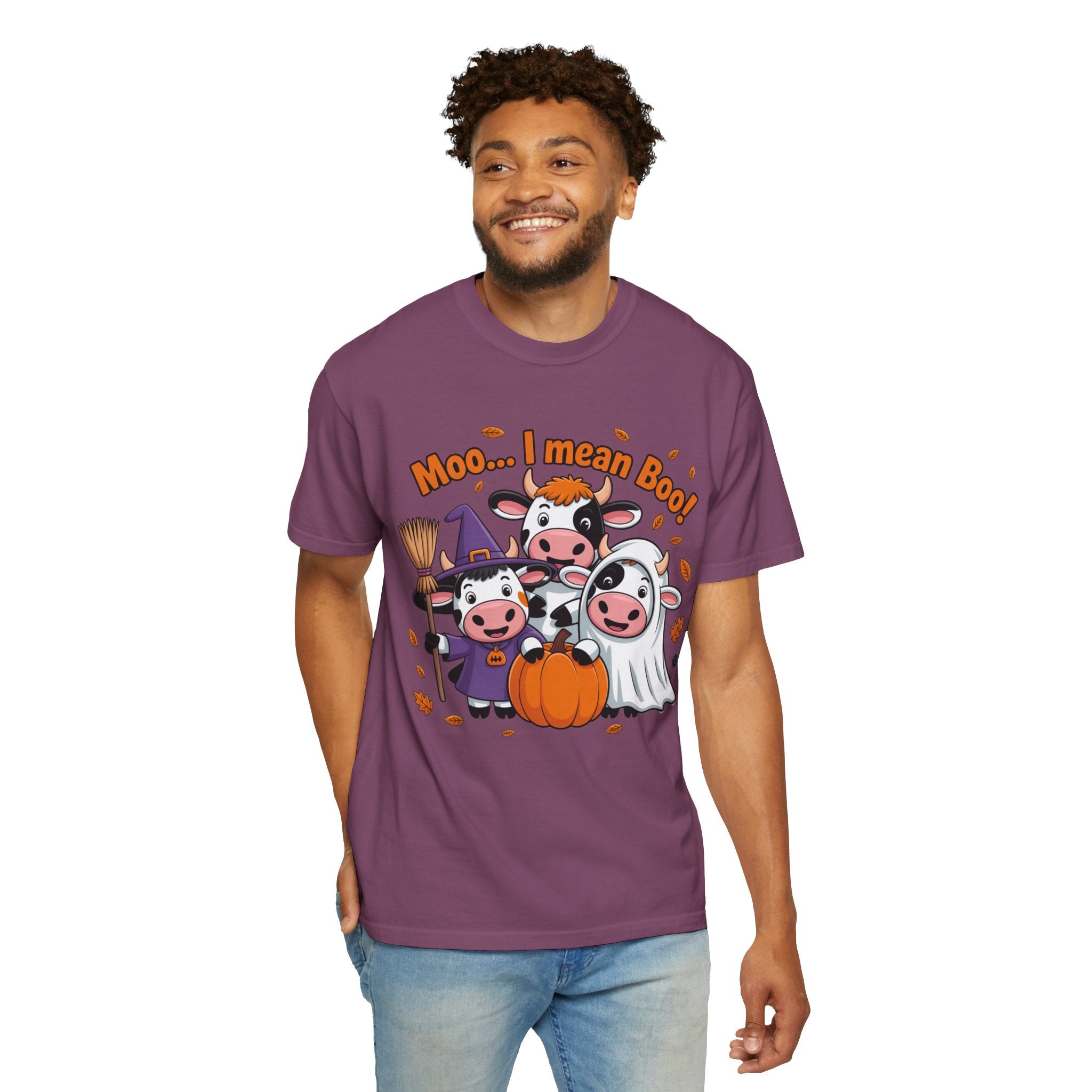 Halloween Cow T-Shirt – “Moo... I mean Boo!” Cute Pumpkin & Witch Cows Graphic Tee