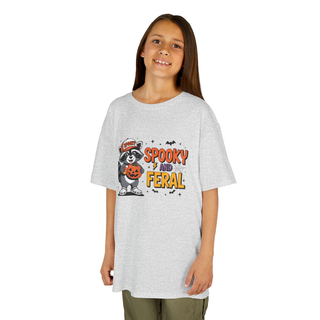 Kids Tee — "Spooky and Feral" Halloween Raccoon Pumpkin Shirt