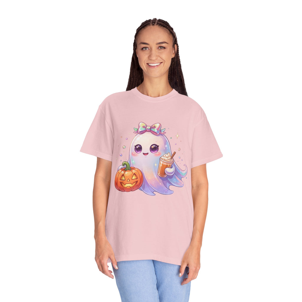 Cute Halloween Ghost T-Shirt — Kawaii Pumpkin & Candy Drink Graphic