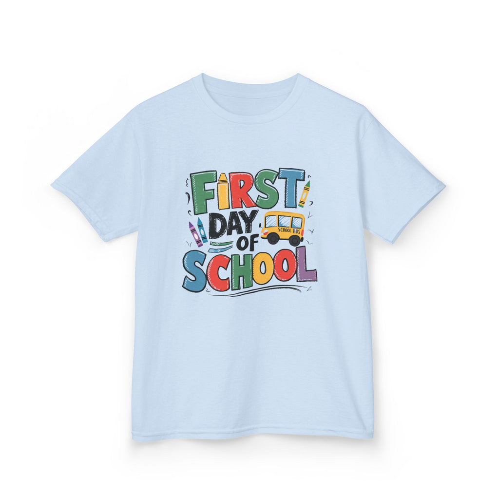 First Day of School Kids T-Shirt — Colorful Back-to-School Tee with School Bus Design