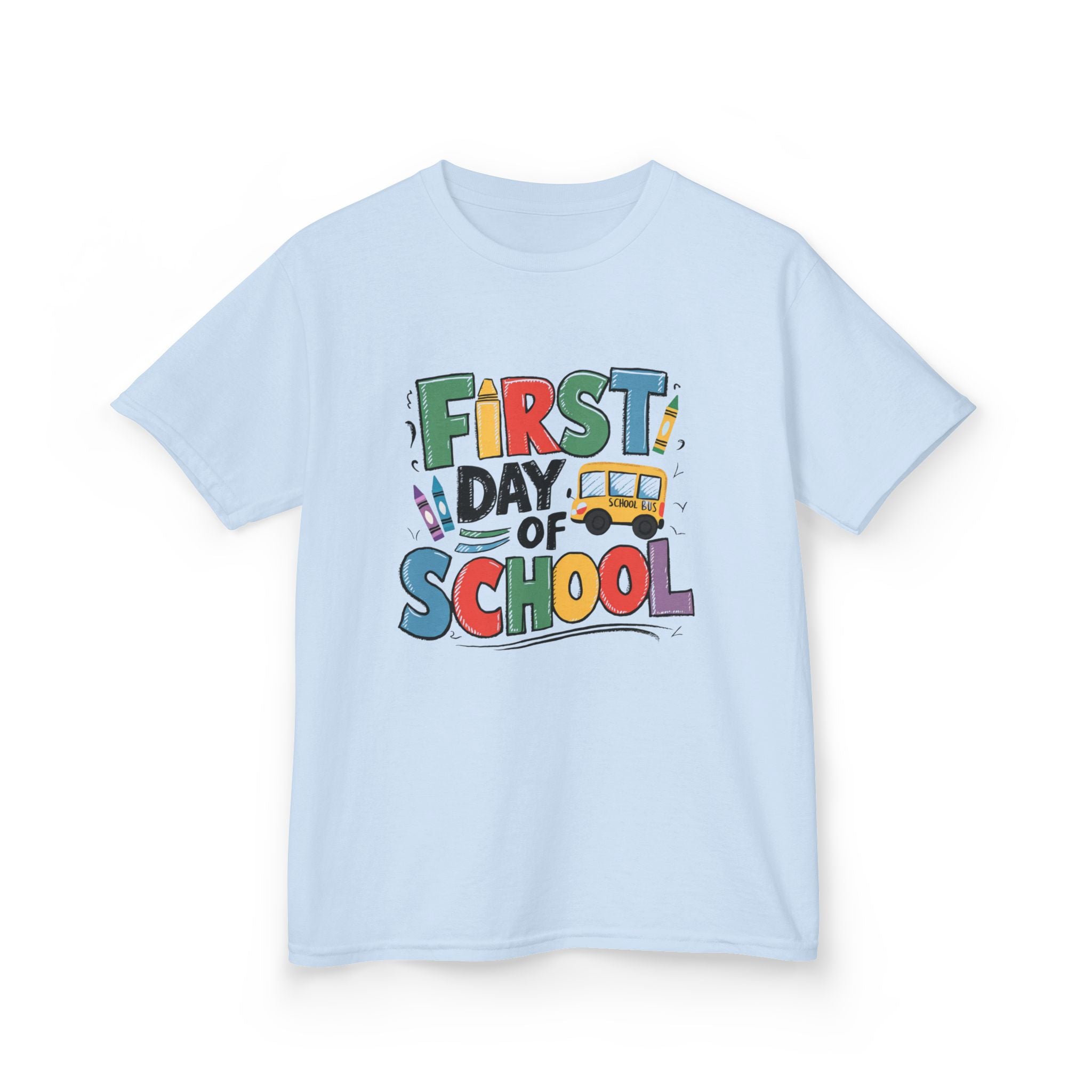 First Day of School Kids T-Shirt — Colorful Back-to-School Tee with School Bus Design