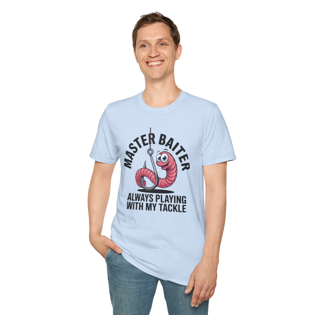 Master Baiter Fishing T-Shirt — Funny Worm Hook Tee ("Always Playing With My Tackle")