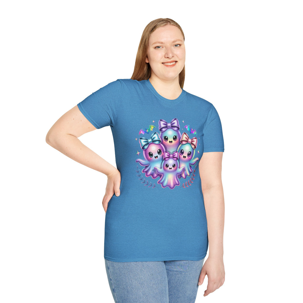 Cute Pastel Ghosts T-Shirt — Kawaii Iridescent Ghost Trio with Bows