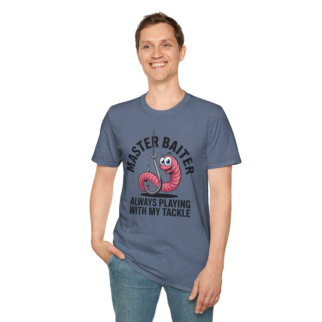 Master Baiter Fishing T-Shirt — Funny Worm Hook Tee ("Always Playing With My Tackle")