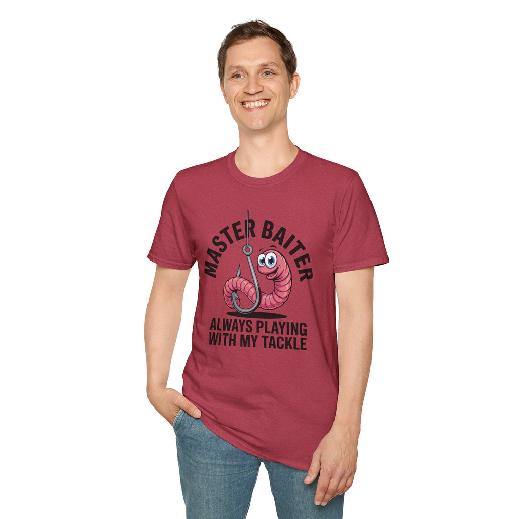 Master Baiter Fishing T-Shirt — Funny Worm Hook Tee ("Always Playing With My Tackle")