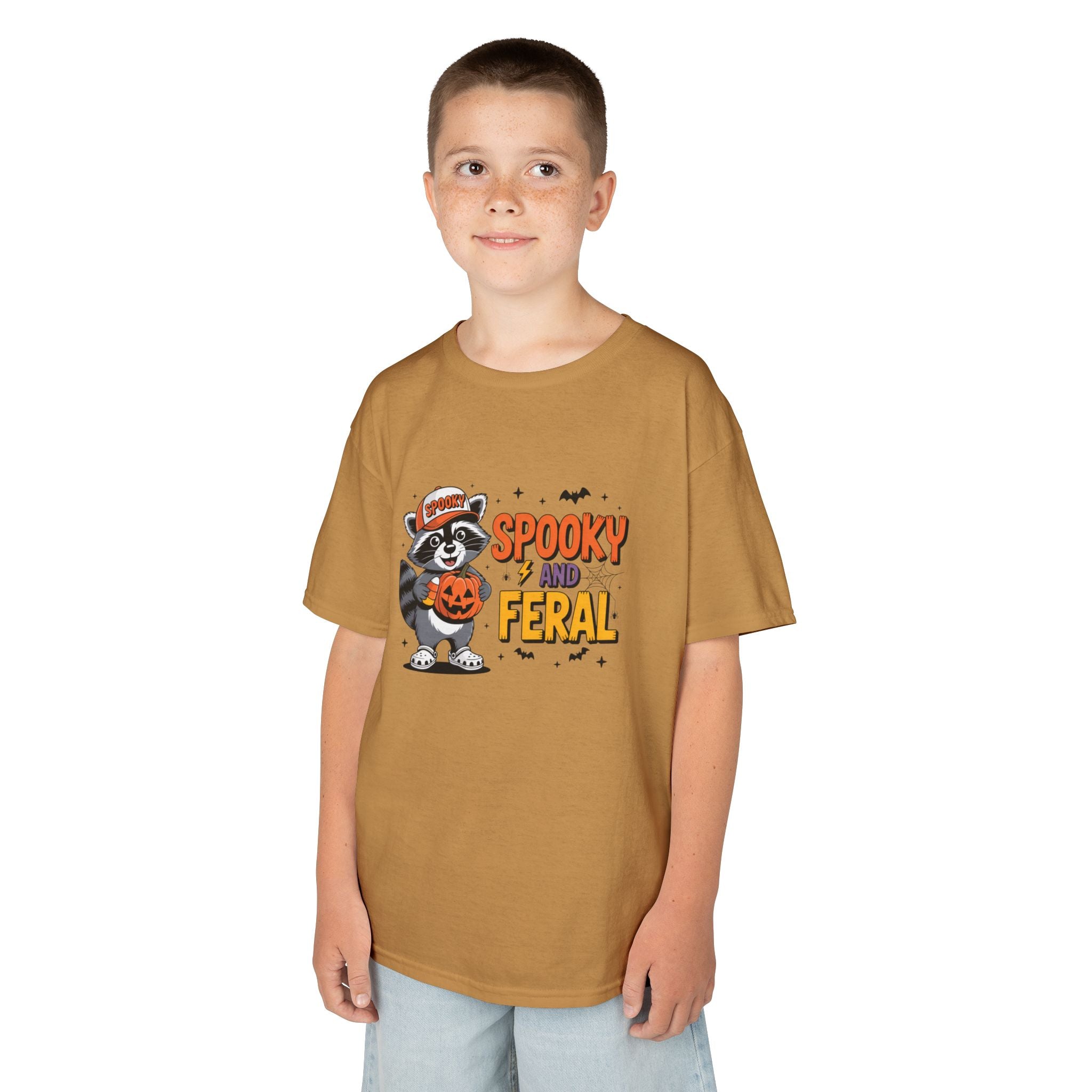 Kids Tee — "Spooky and Feral" Halloween Raccoon Pumpkin Shirt