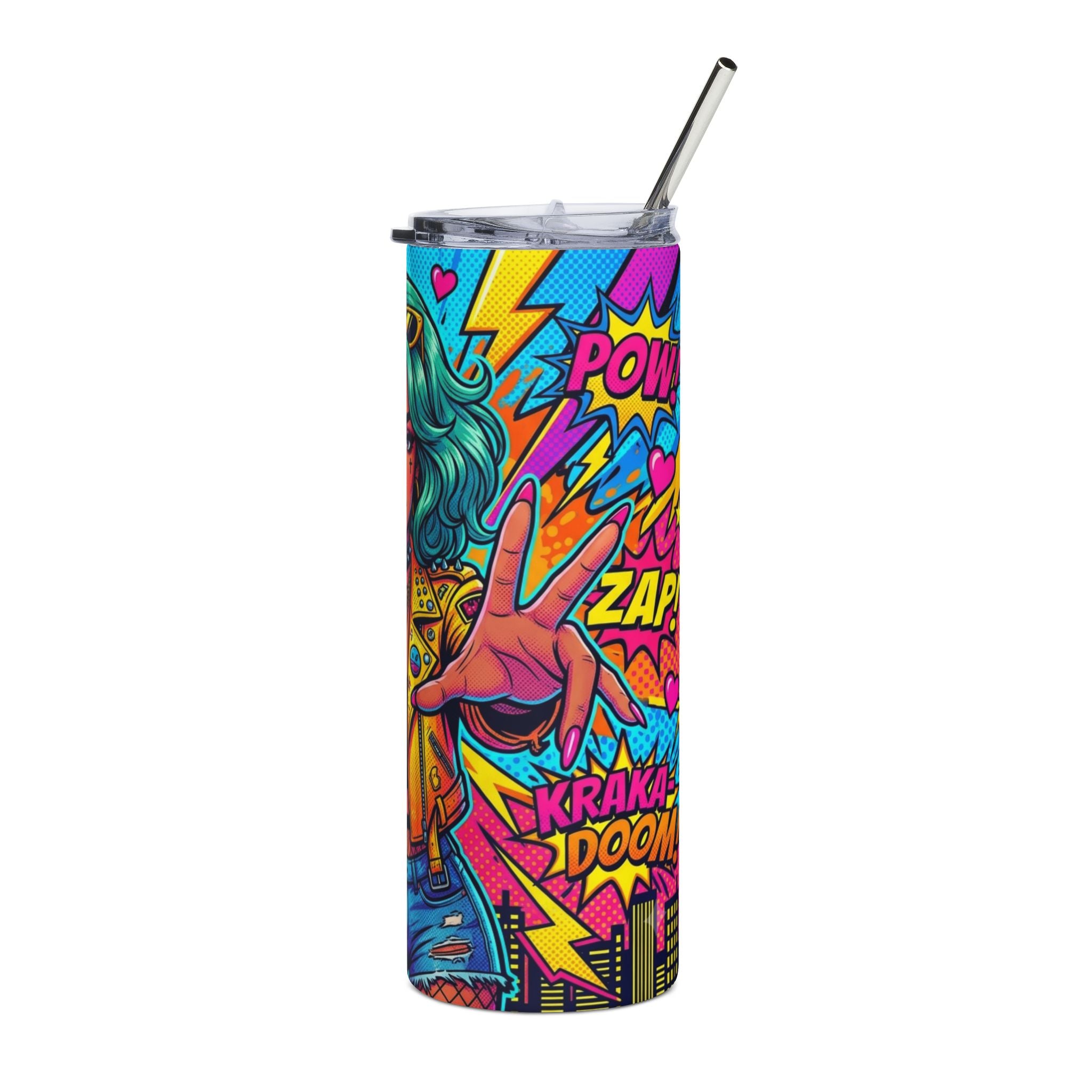 Neon Pop Art 20oz Stainless Steel Tumbler — Boom Pow Girl Design Insulated Gift Travel Cup for Women