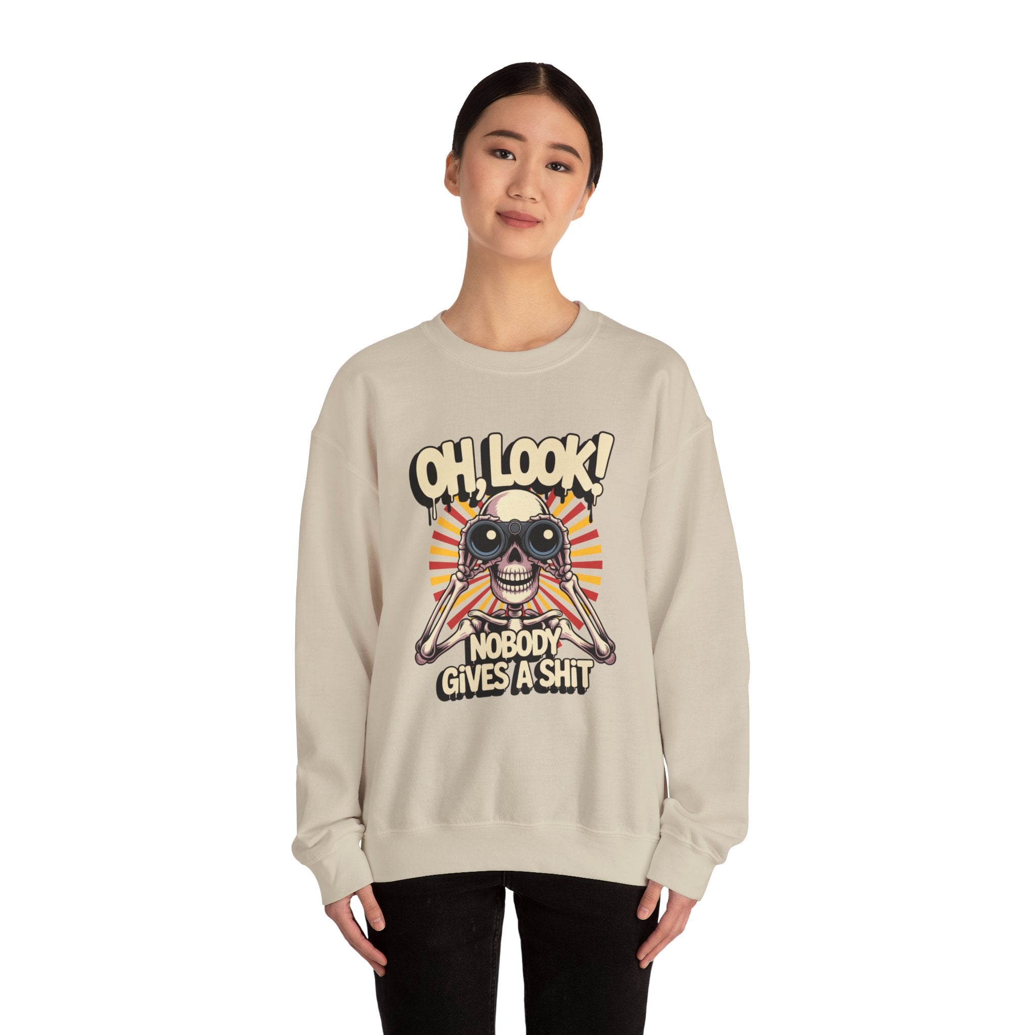 Crewneck Sweatshirt — 'Oh, Look! Nobody Gives a Shit' Skull Binoculars Graphic