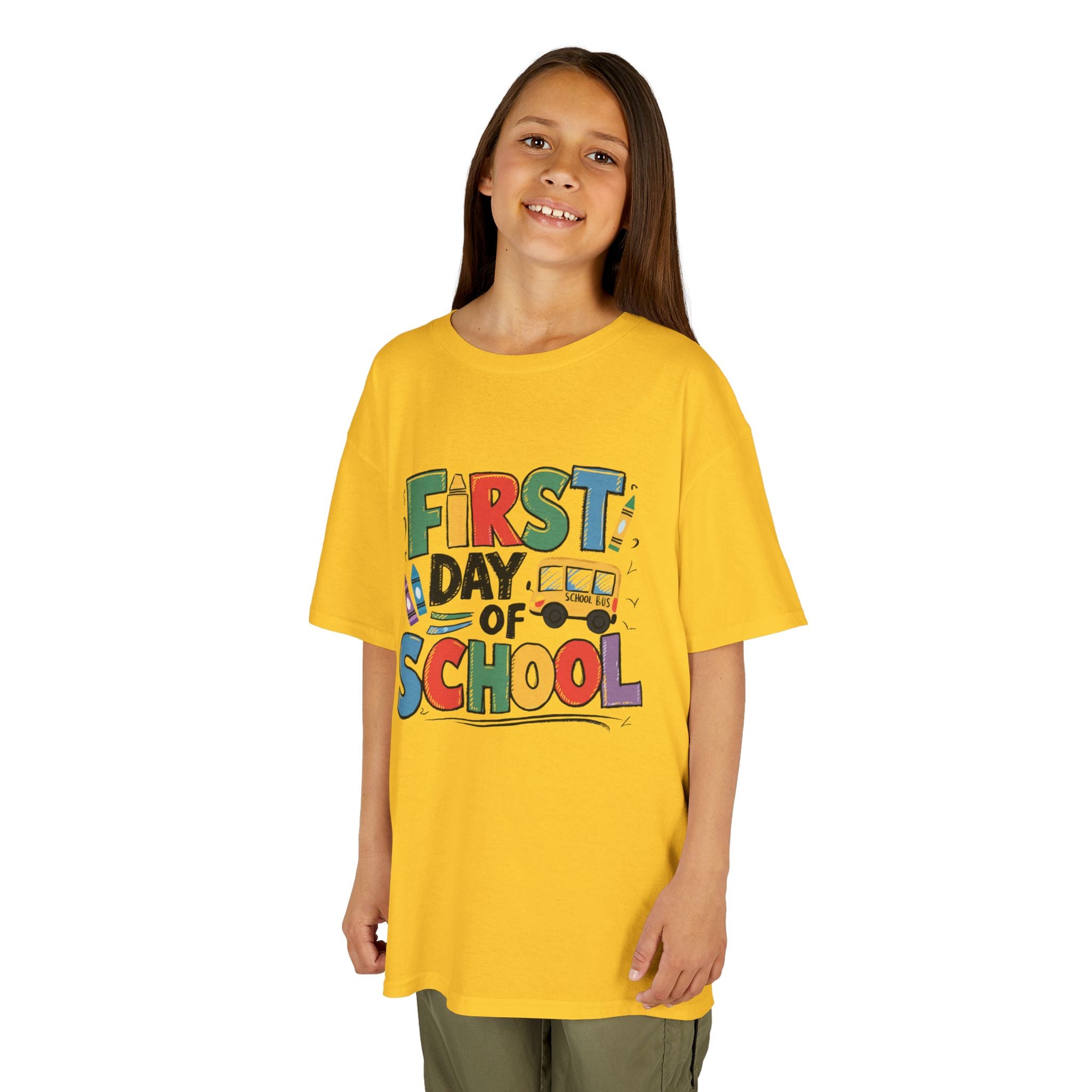 First Day of School Kids T-Shirt — Colorful Back-to-School Tee with School Bus Design