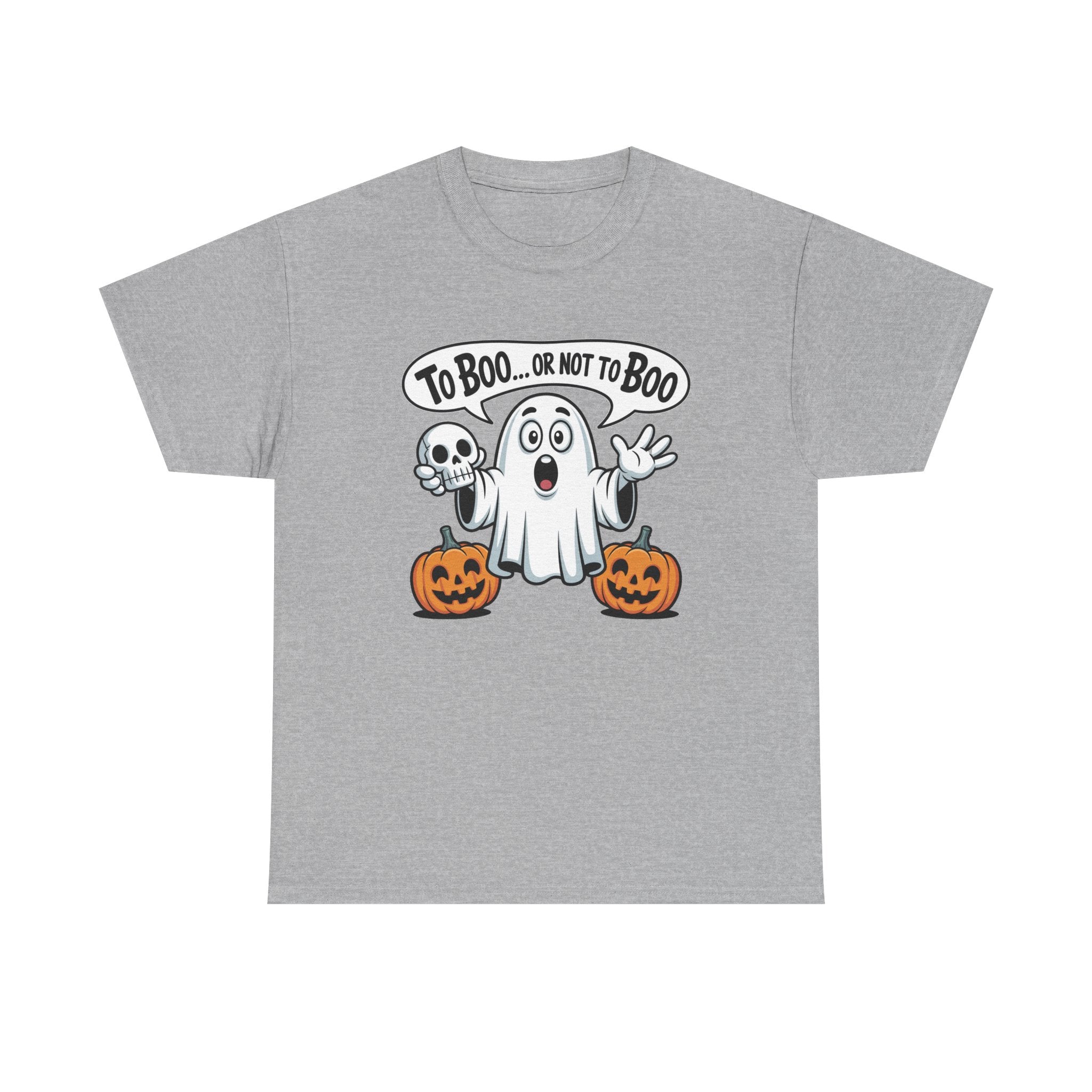 A heather gray short-sleeve crewneck t-shirt featuring a cartoon graphic of a ghost in a hat with a skull on one side and a jack-o'-lantern on the other, with a speech bubble reading 'TO BOO.