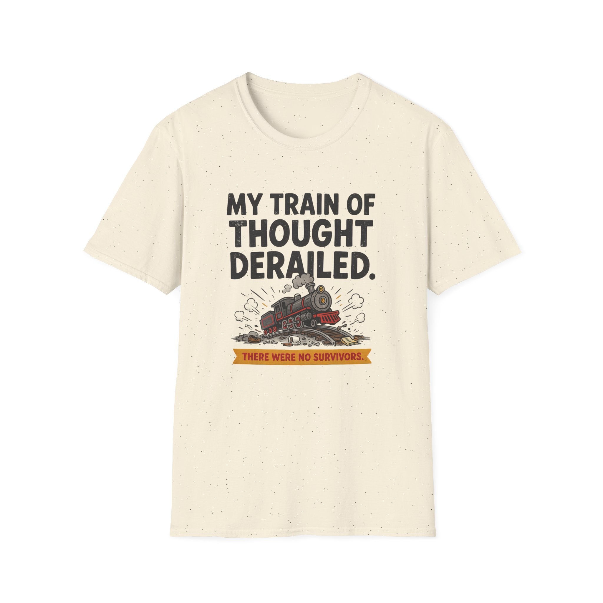 An off-white short-sleeve crewneck t-shirt with a graphic print of a derailed train and the text 'MY TRAIN OF THOUGHT DERAILED. THERE WERE NO SURVIVORS.