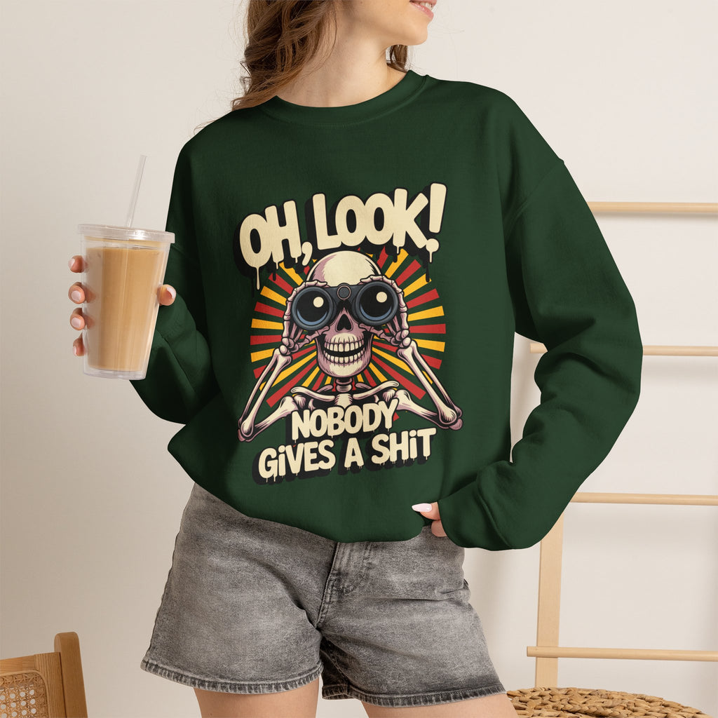 Crewneck Sweatshirt — 'Oh, Look! Nobody Gives a Shit' Skull Binoculars Graphic
