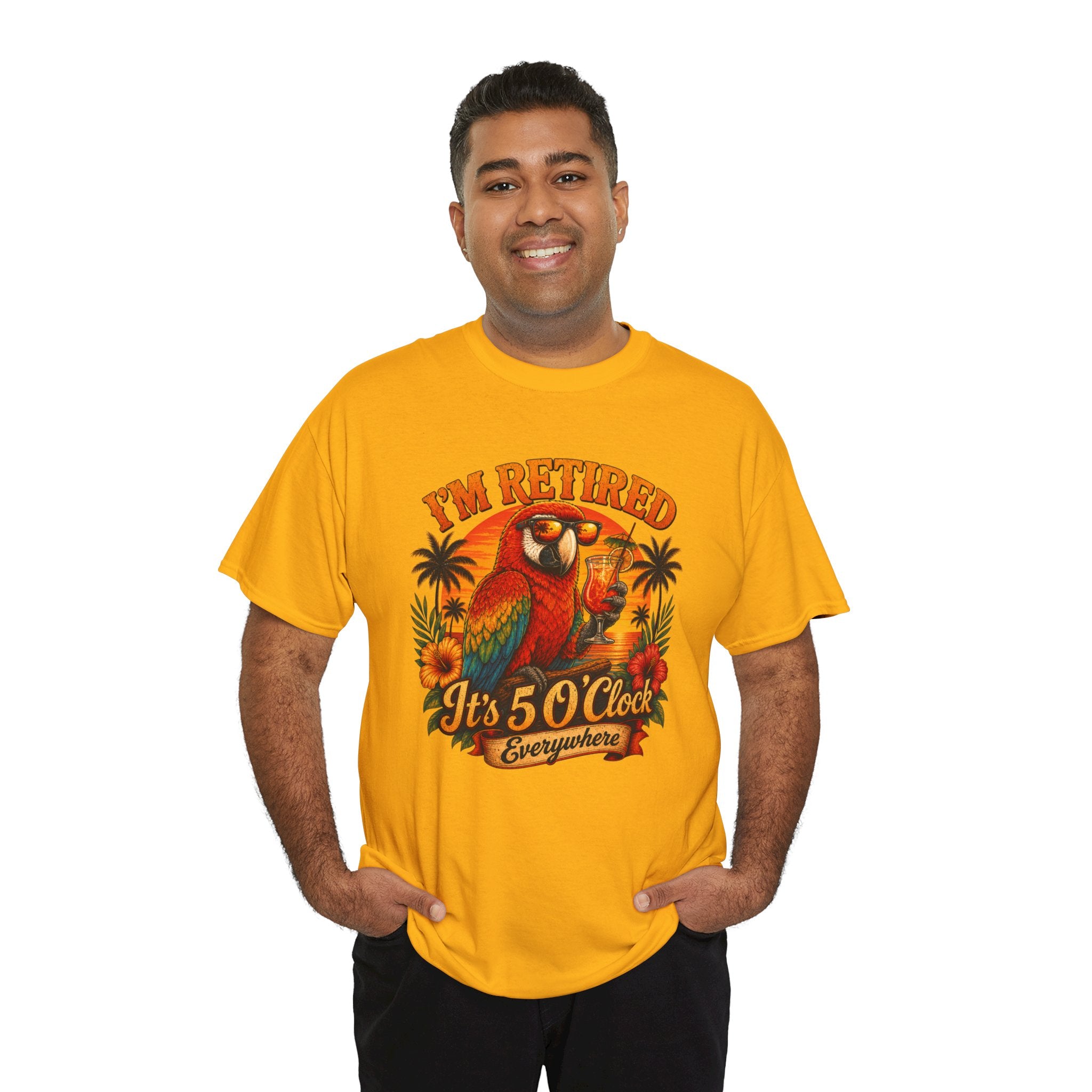 Funny Retirement T-Shirt — It's 5 O'Clock Everywhere Parrot Gift Tee for Retirees