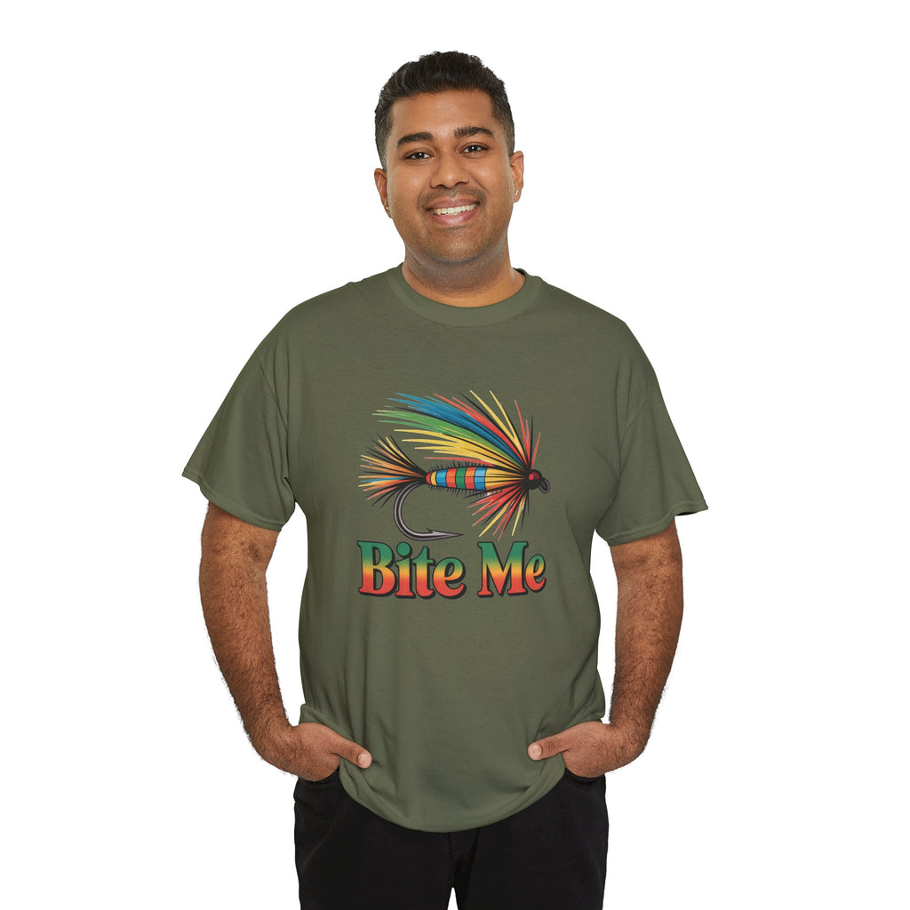 Fishing T-Shirt — Colorful Fly Design with "Bite Me" Text
