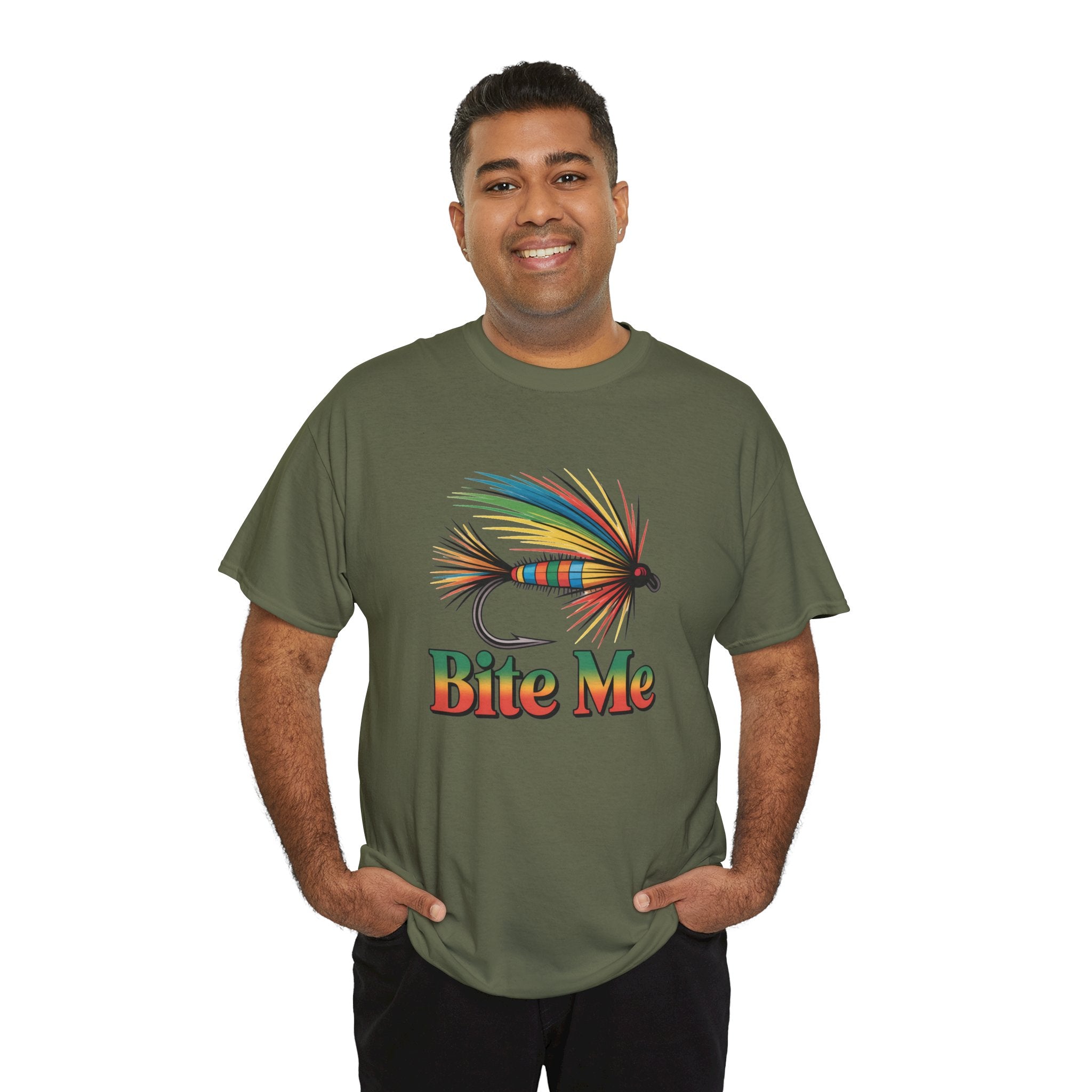 Fishing T-Shirt — Colorful Fly Design with "Bite Me" Text