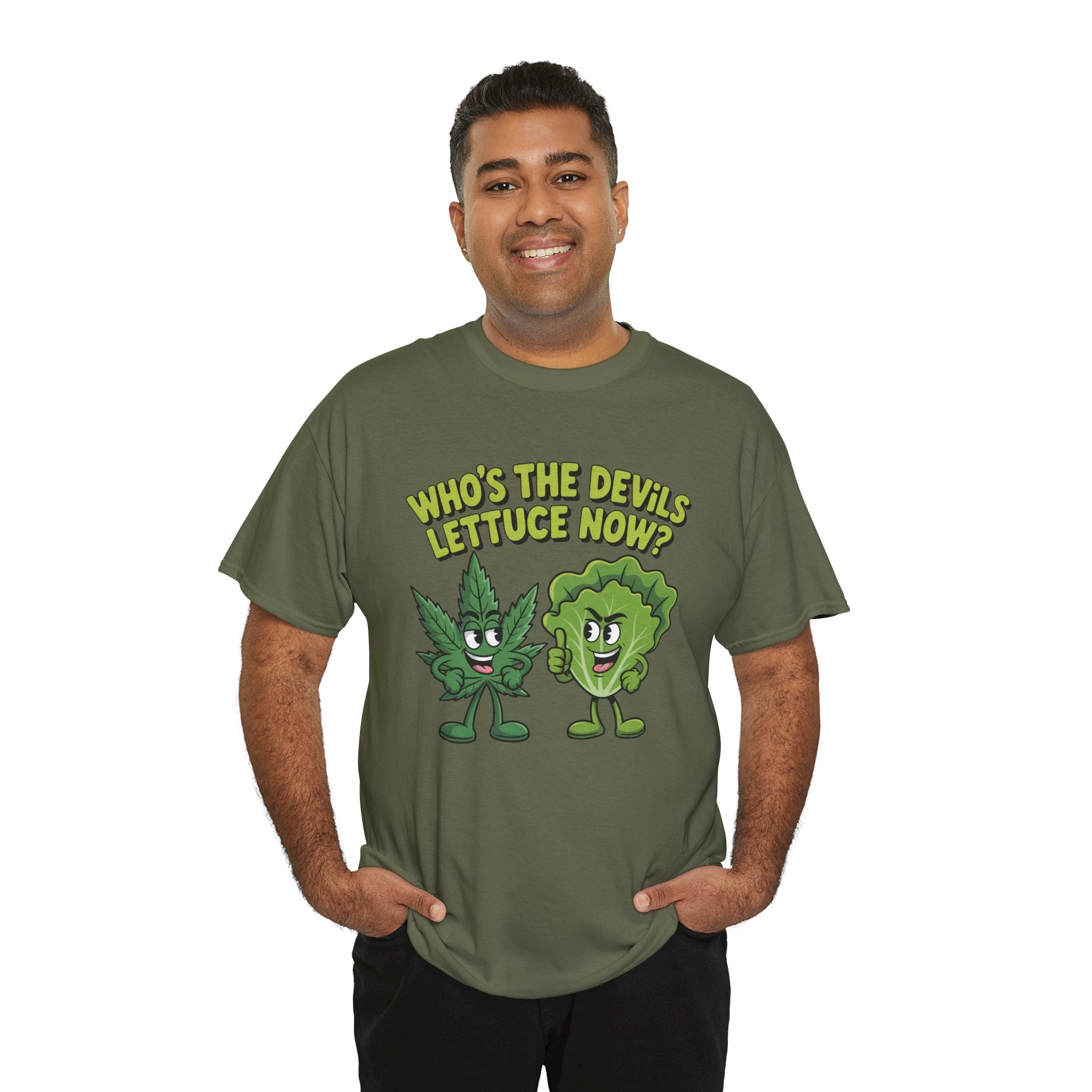 Funny Weed Humor Graphic T-Shirt — Who's the Devil's Lettuce Now Gift Tee for Men Women