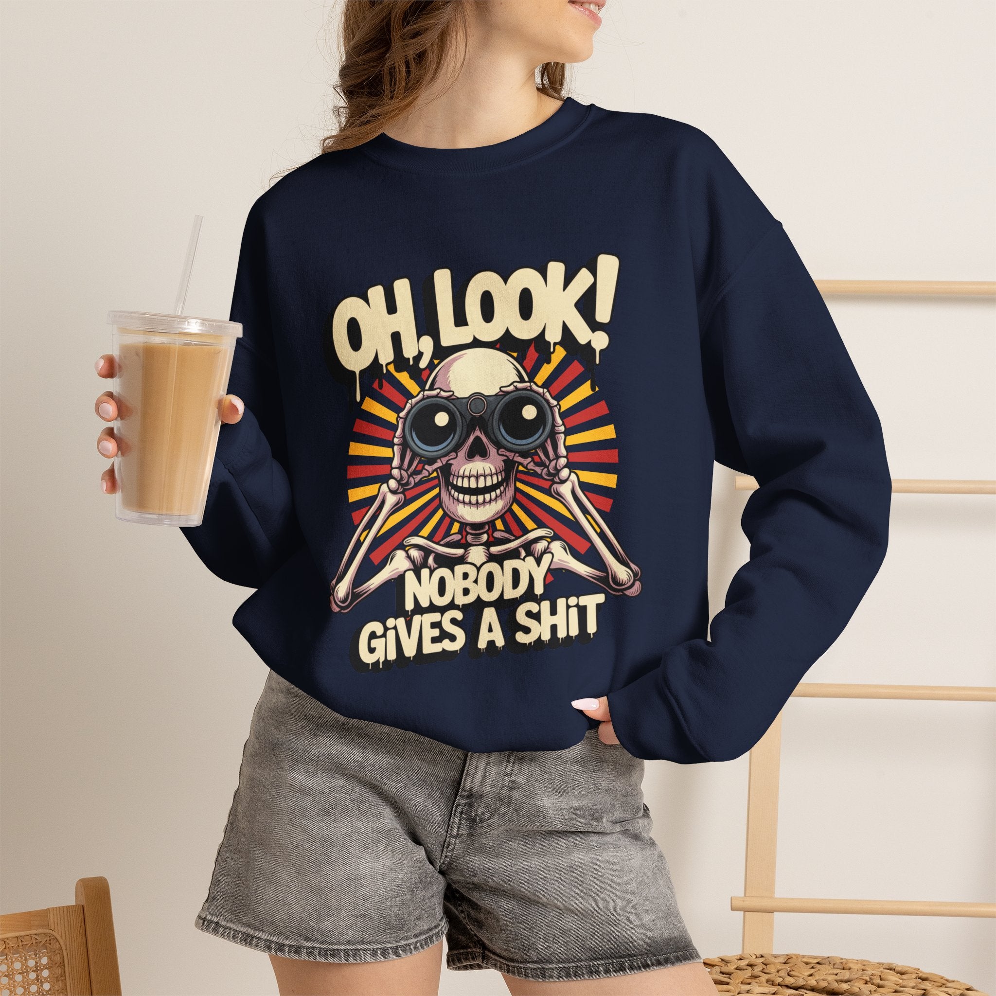 Crewneck Sweatshirt — 'Oh, Look! Nobody Gives a Shit' Skull Binoculars Graphic