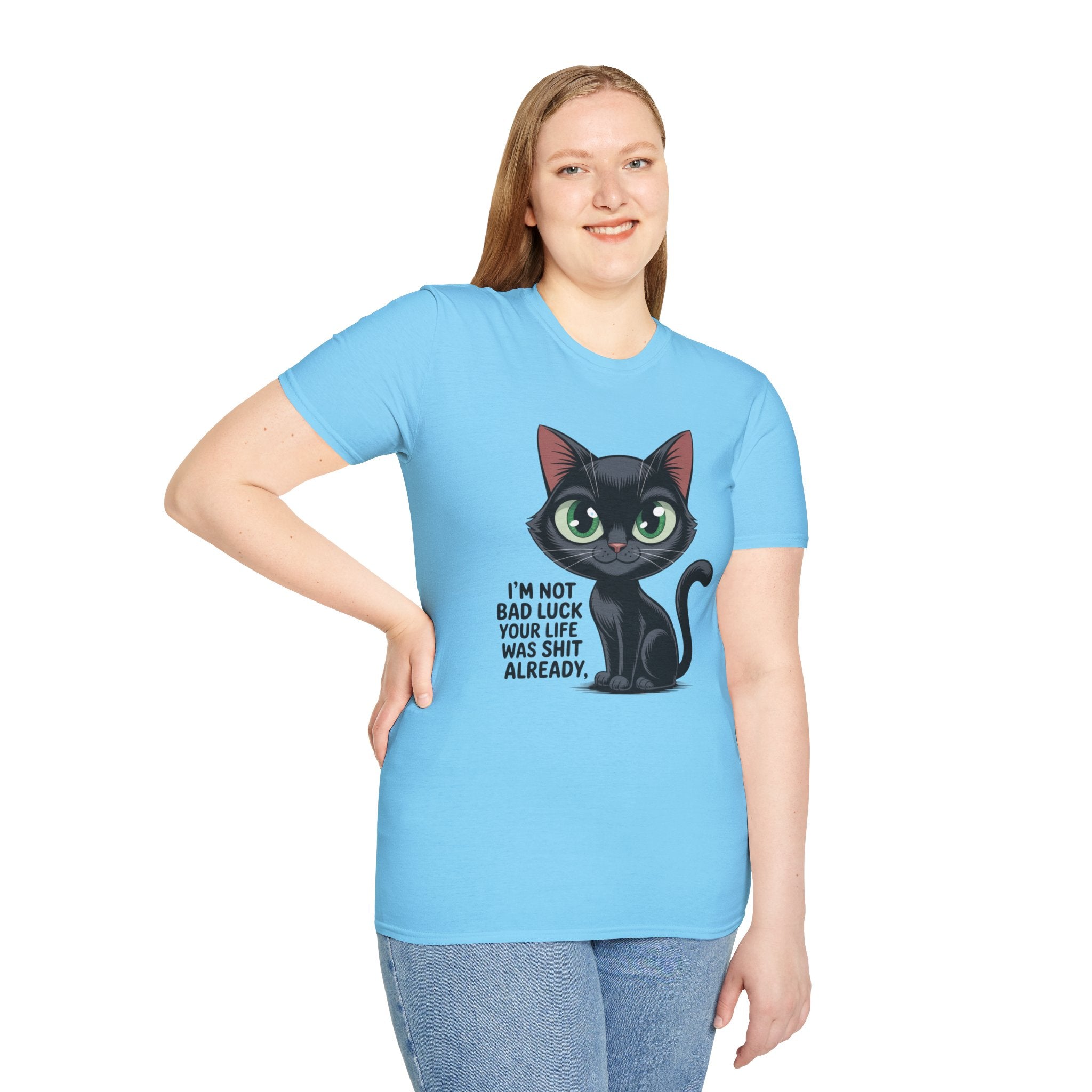 Funny Black Cat T-Shirt — I'm Not Bad Luck Dark Humor Gift Tee for Cat Lovers