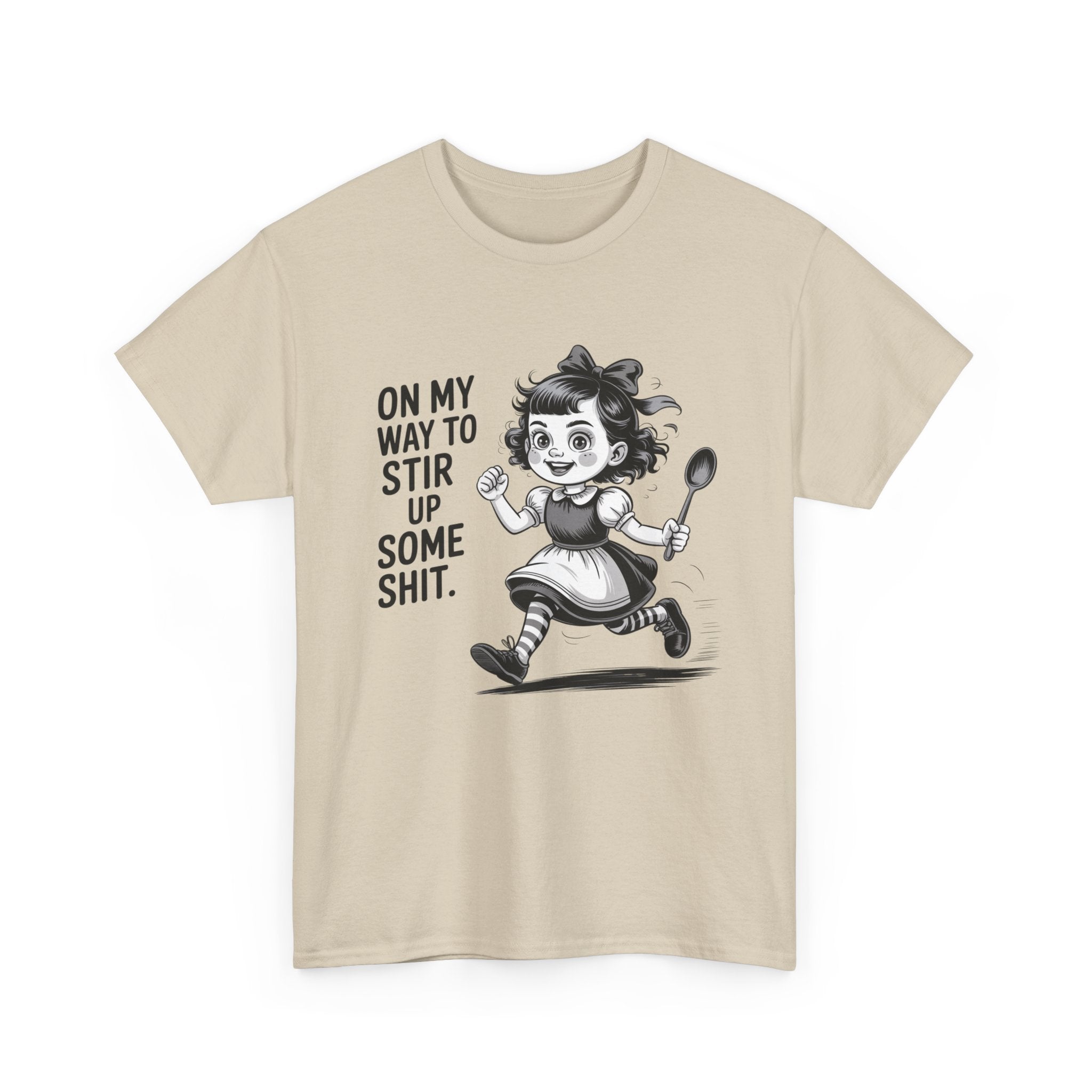 Stir Up Some Shit Tee — Retro Mischief Girl Graphic T-Shirt