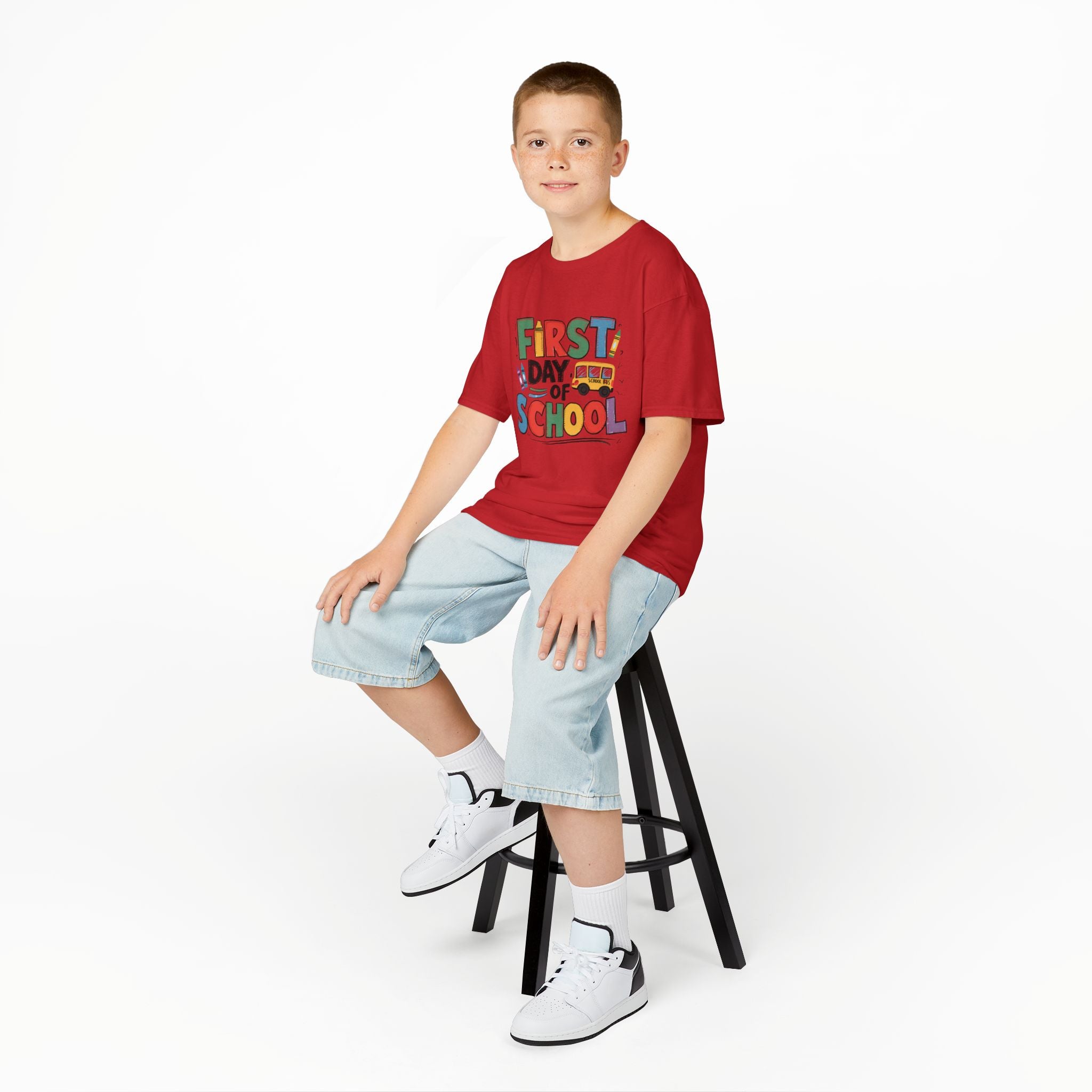 First Day of School Kids T-Shirt — Colorful Back-to-School Tee with School Bus Design