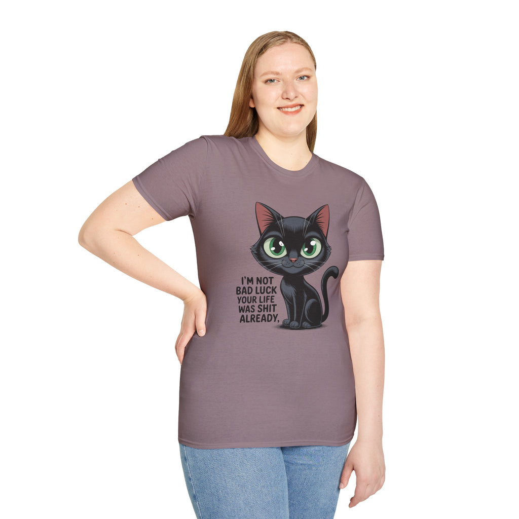 Funny Black Cat T-Shirt — I'm Not Bad Luck Dark Humor Gift Tee for Cat Lovers
